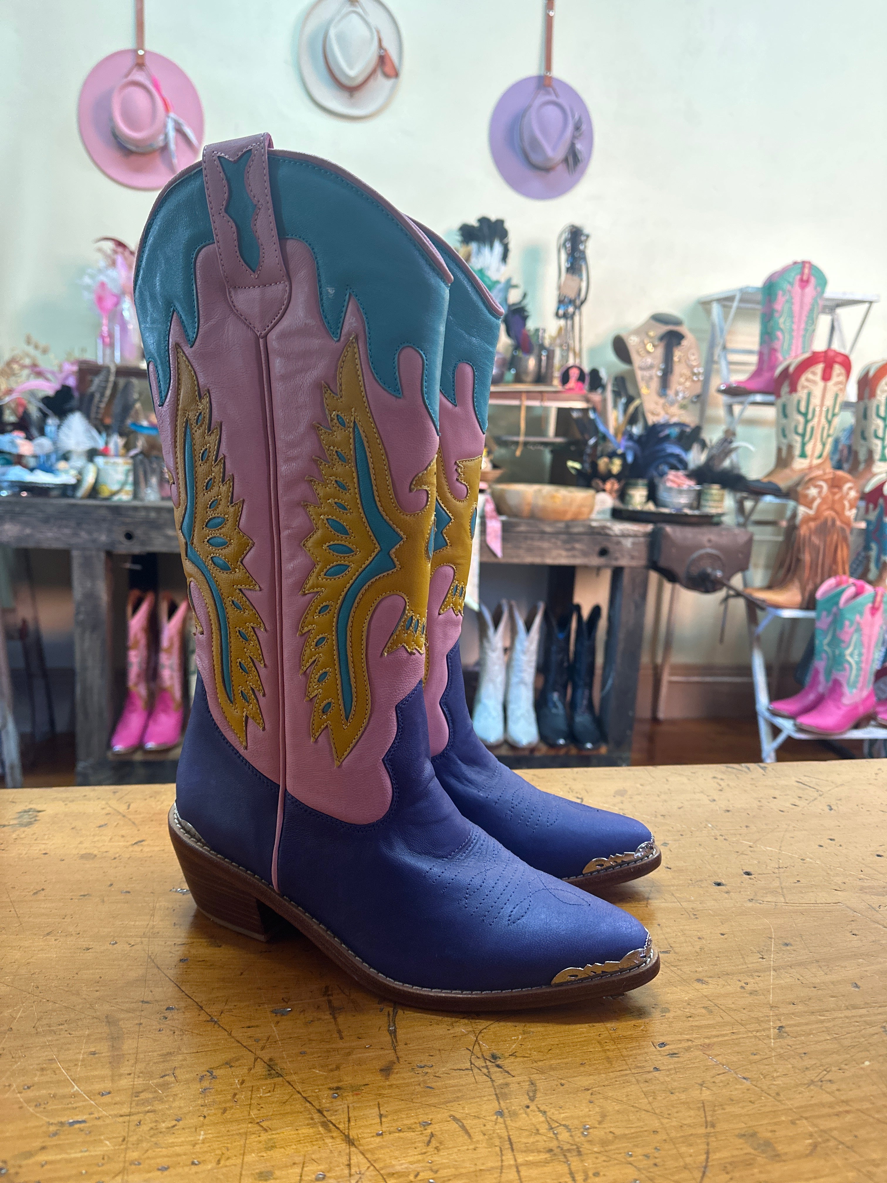 Eagle Handmade Deep Purple & Pink Leather Cowgirl Boots