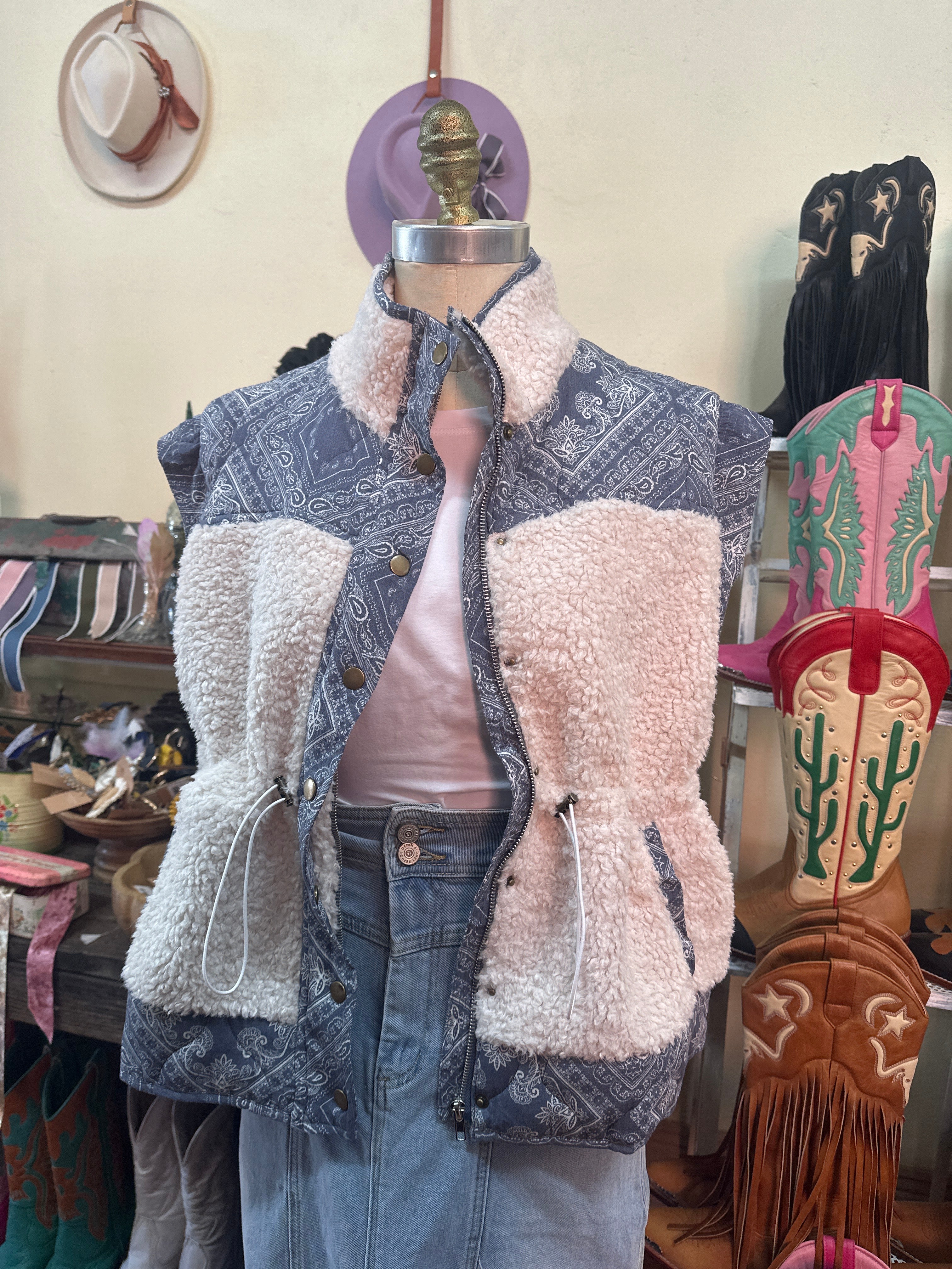 Blue B Quilted Paisley Faux Sherling Snap Vest