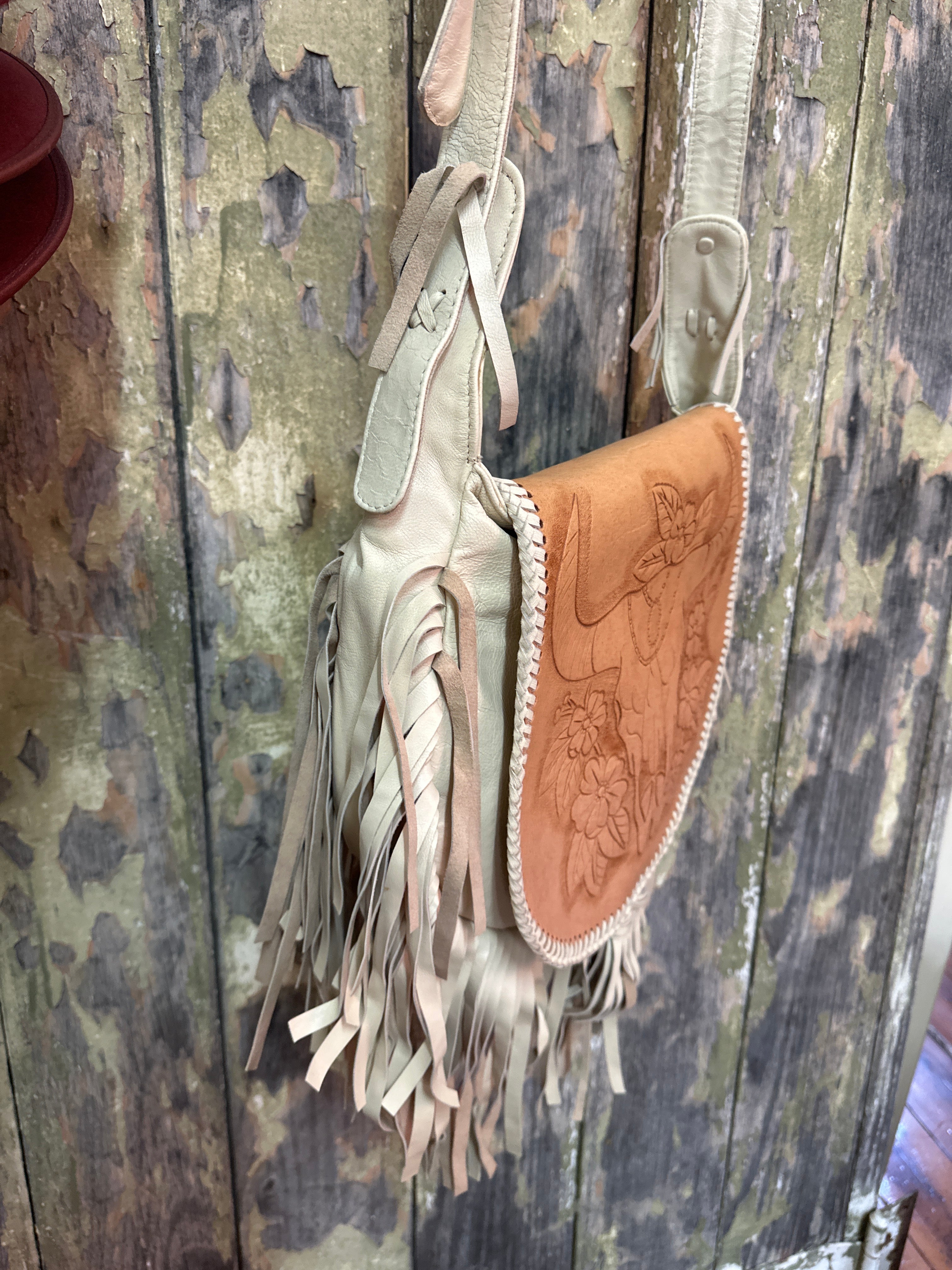 Urban Dust Hand Etched Longhorn Leather Fringe Bag