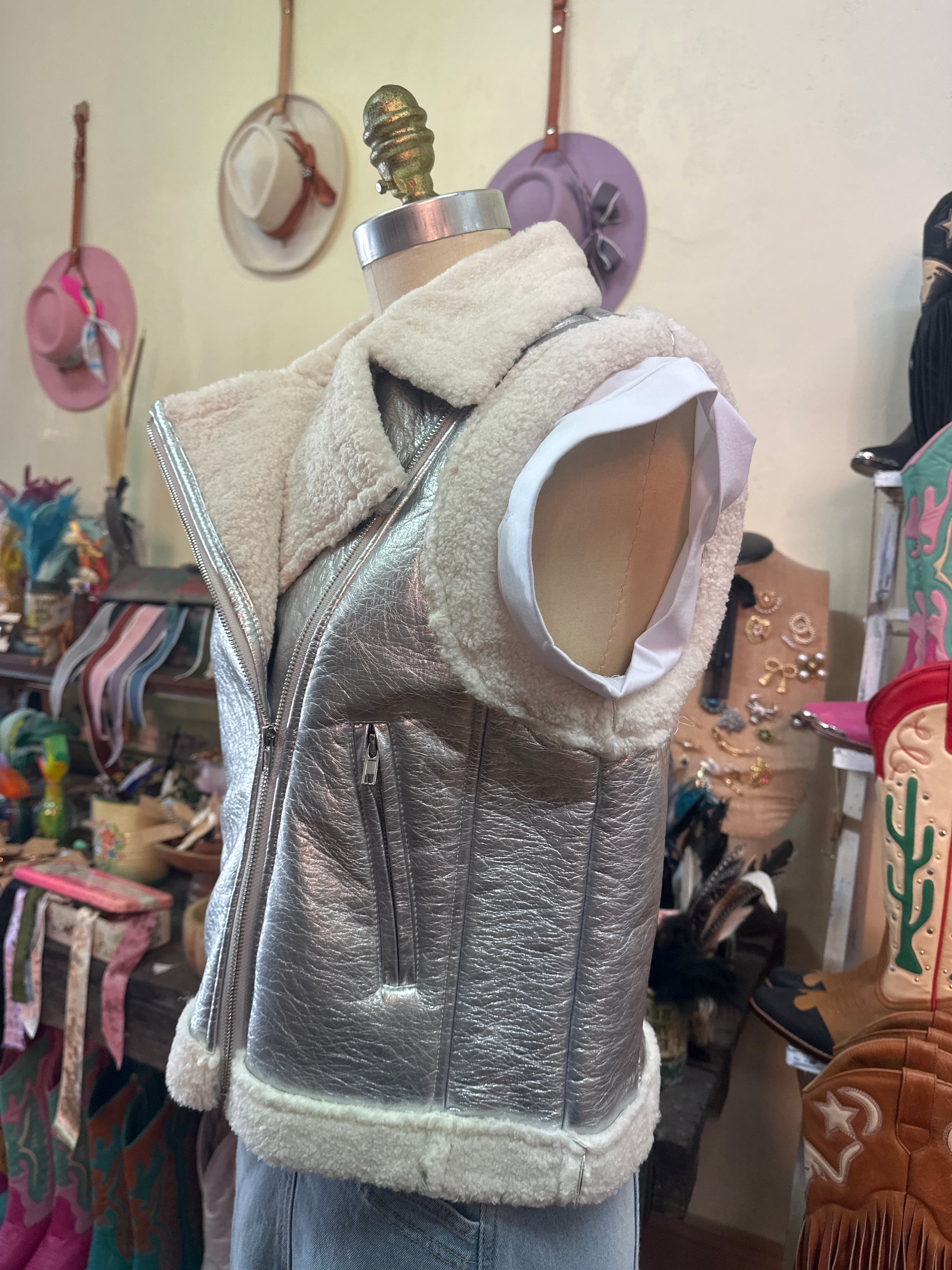 Blue B Faux Leather Sherling Moto Jacket Vest Silver