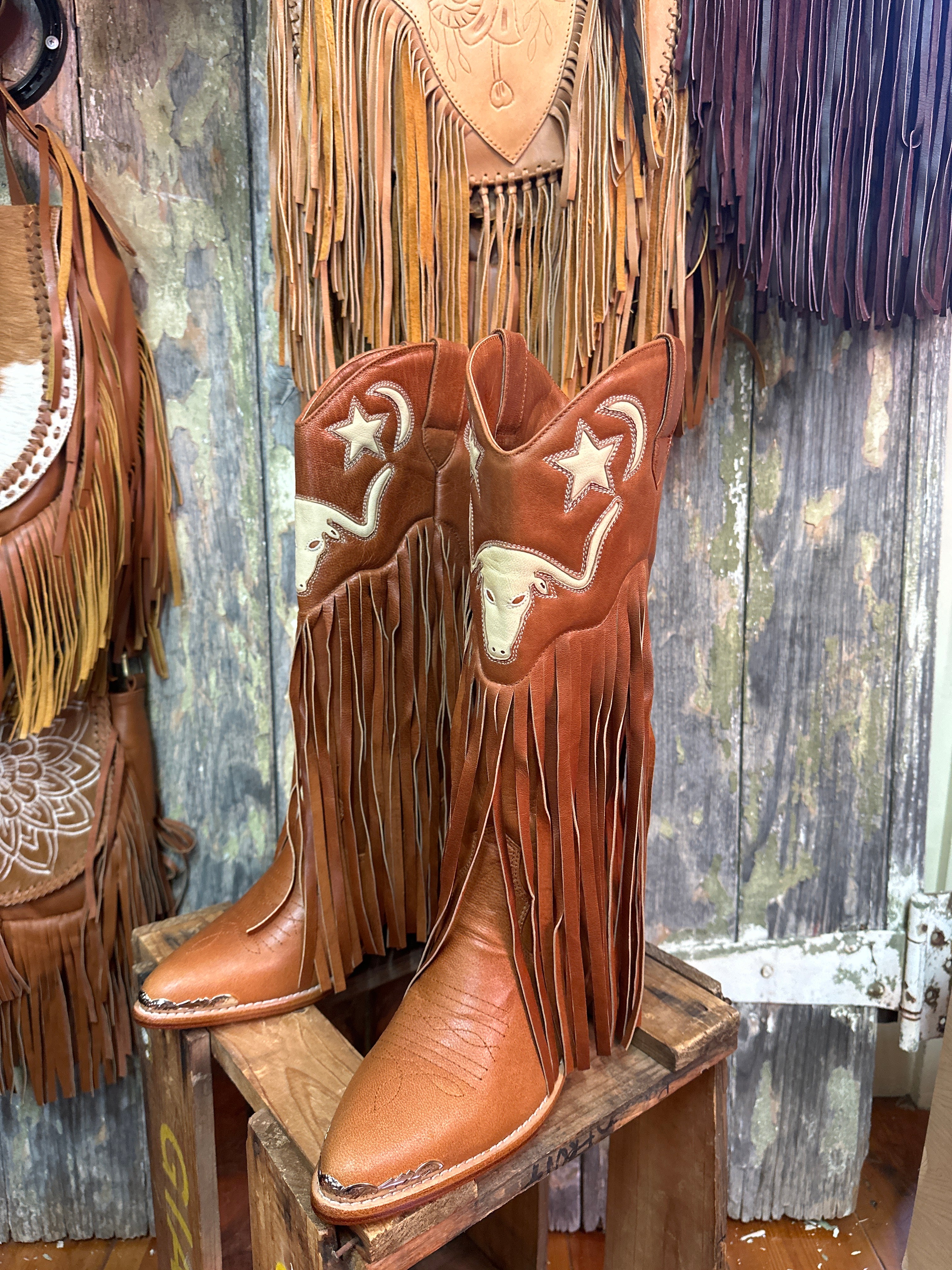 Fringe Detail Longhorn & Star Cowgirl Boots