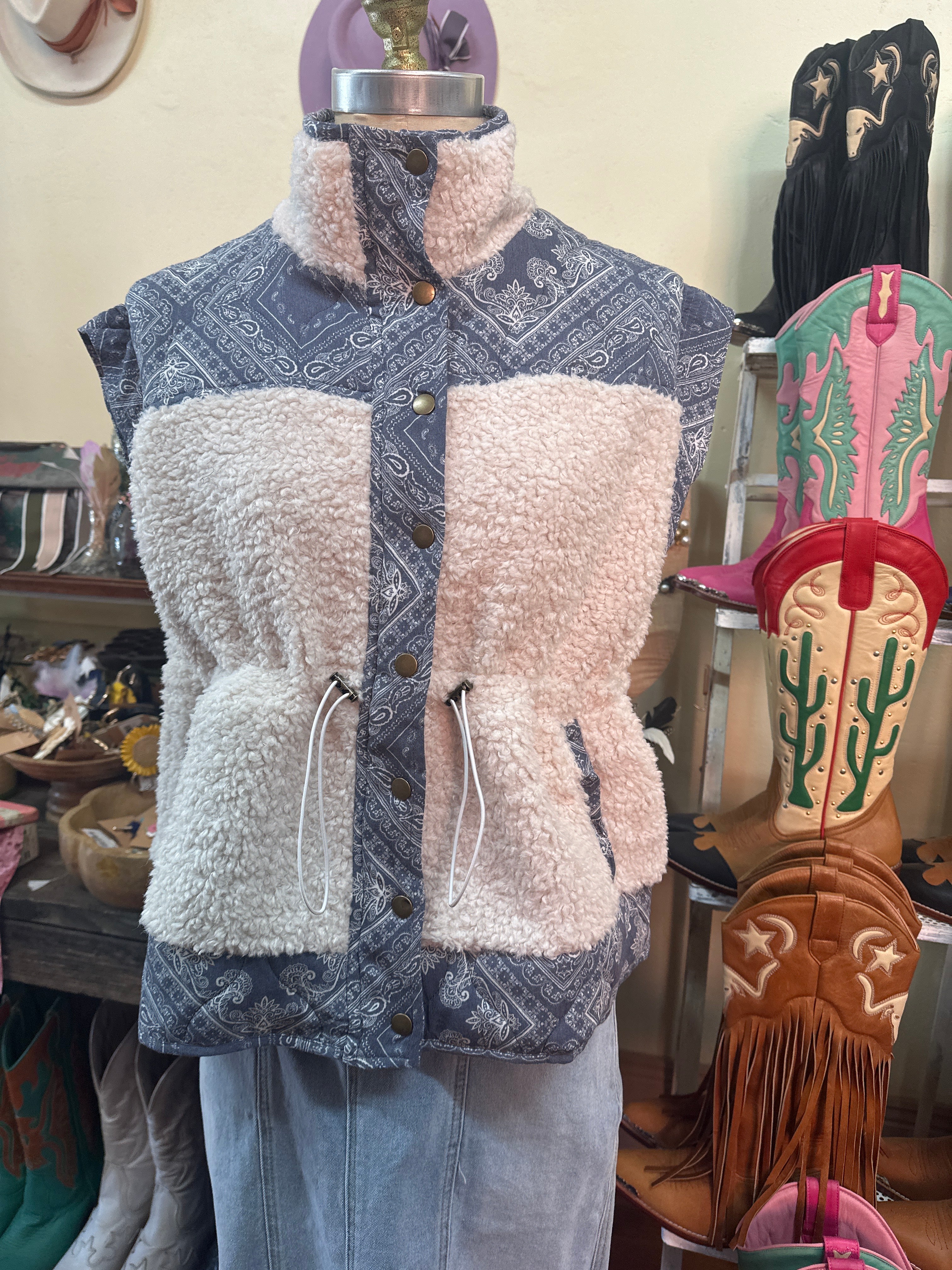 Blue B Quilted Paisley Faux Sherling Snap Vest