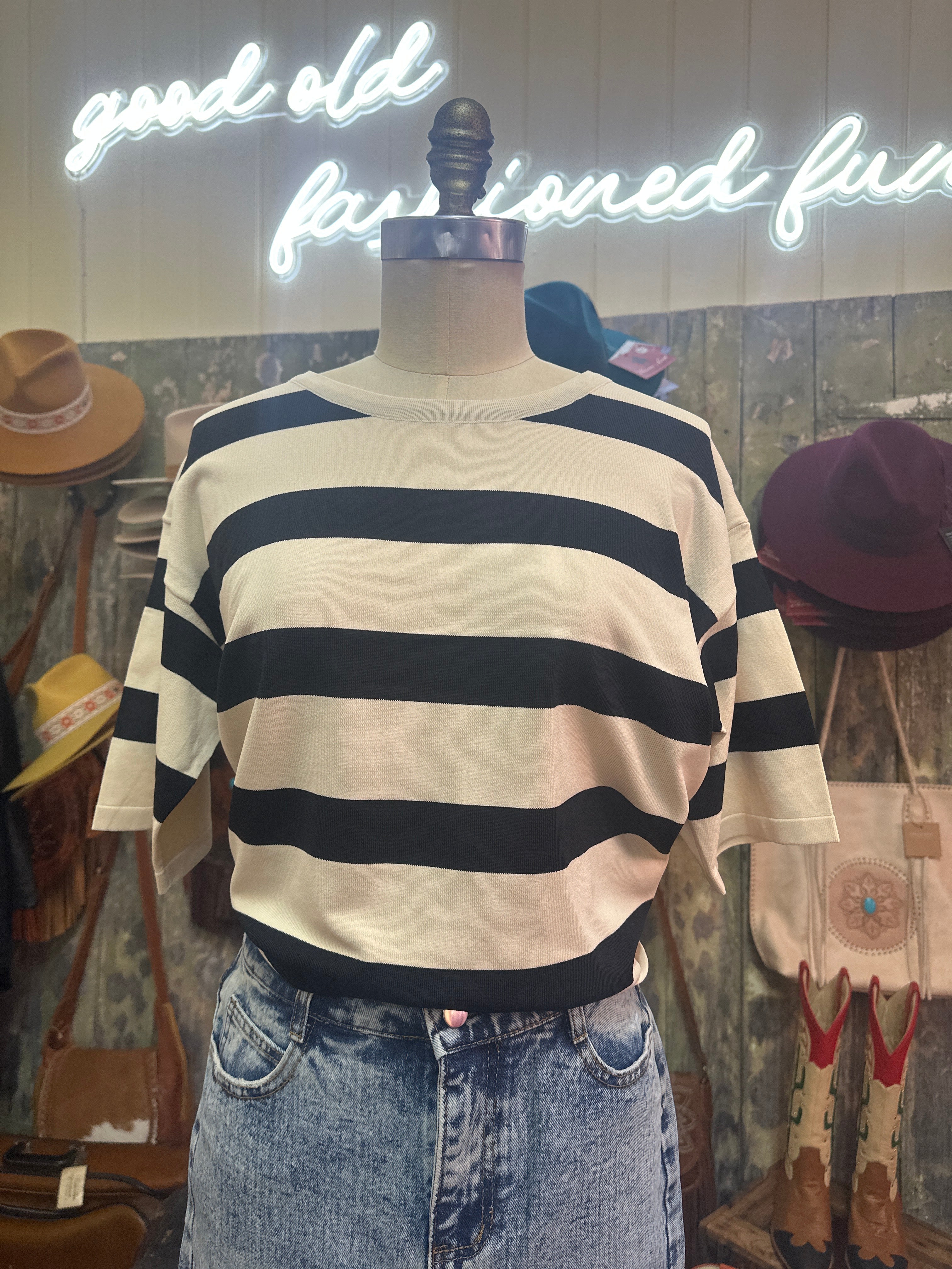 Silver Wishes Bold Cream & Black Stripe Knitted T.Shirt