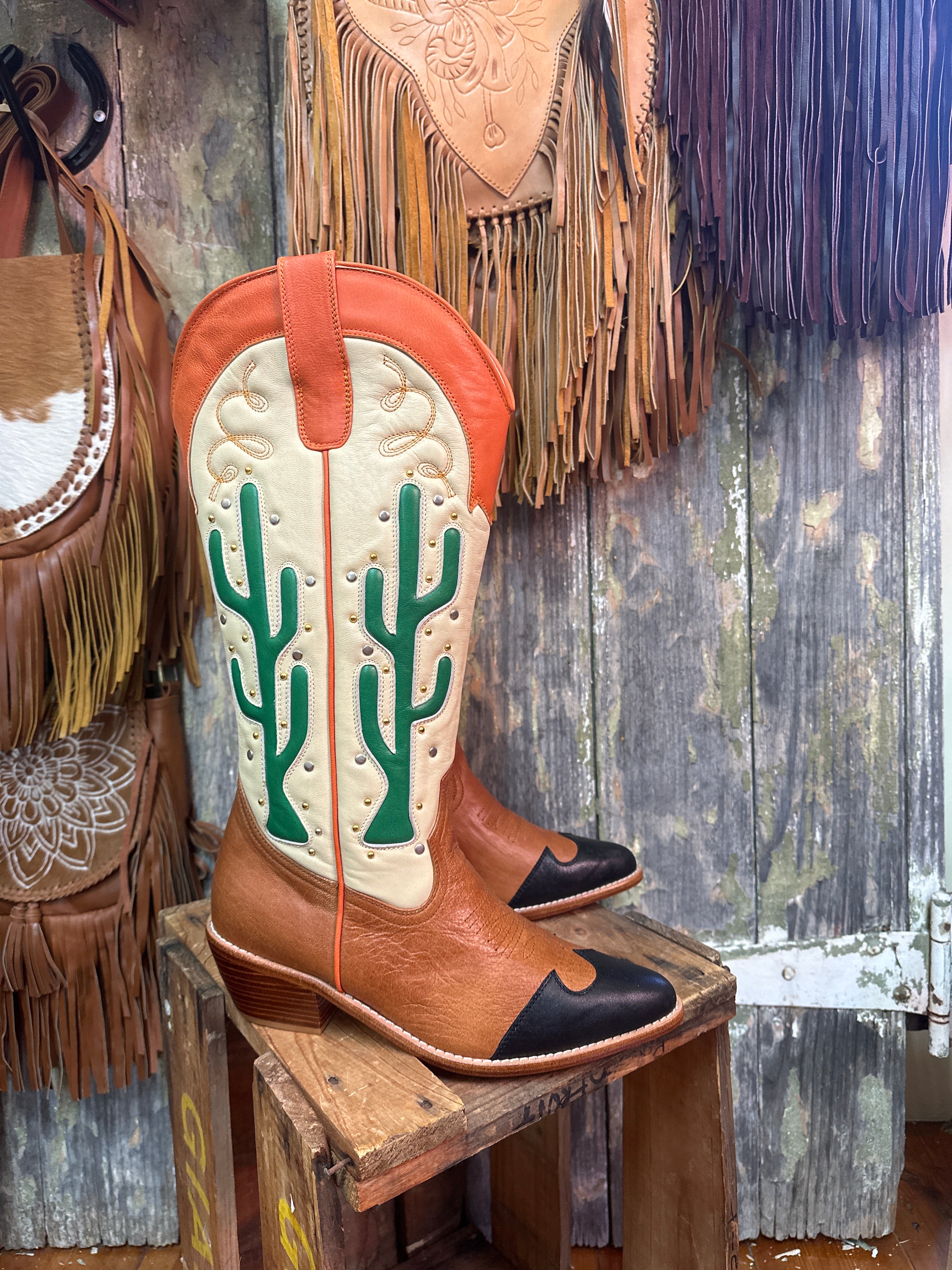 Cactus Handmade Leather Cowgirl Boots Tan Orange
