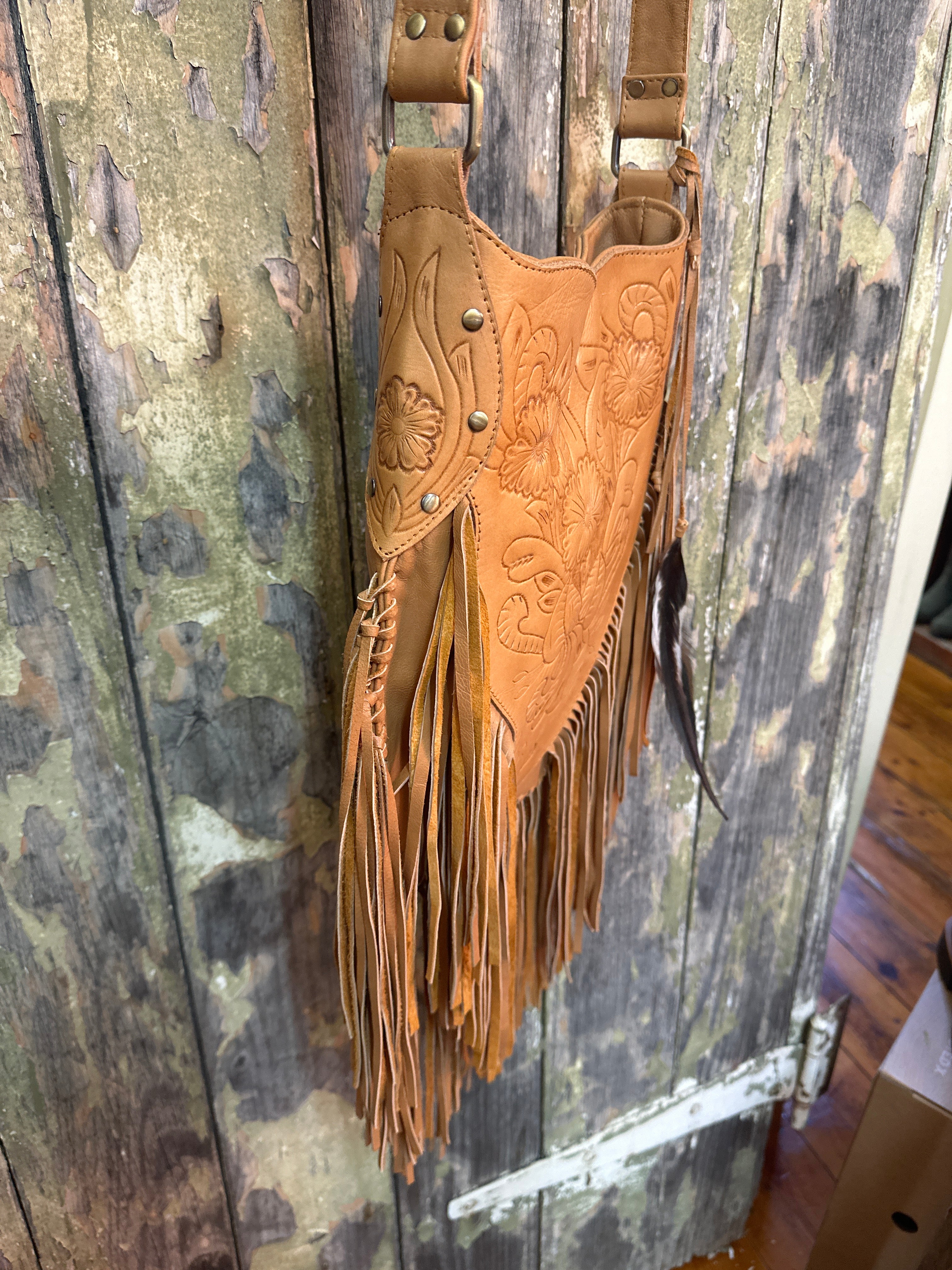 Urban Dust Leather Boho Etched Fringe Bag