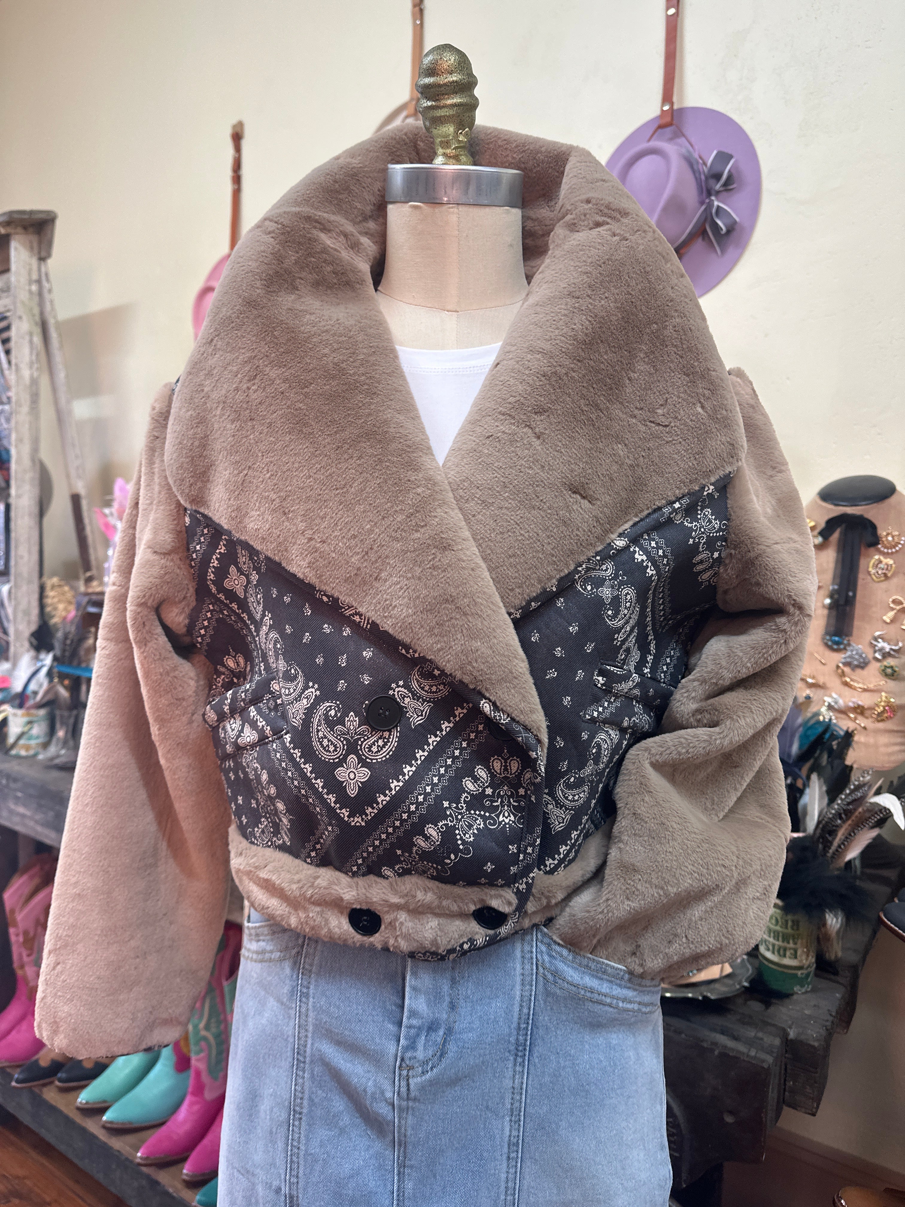 Blue B. Fur Contrast Bandanna Double Breasted Crop Jacket