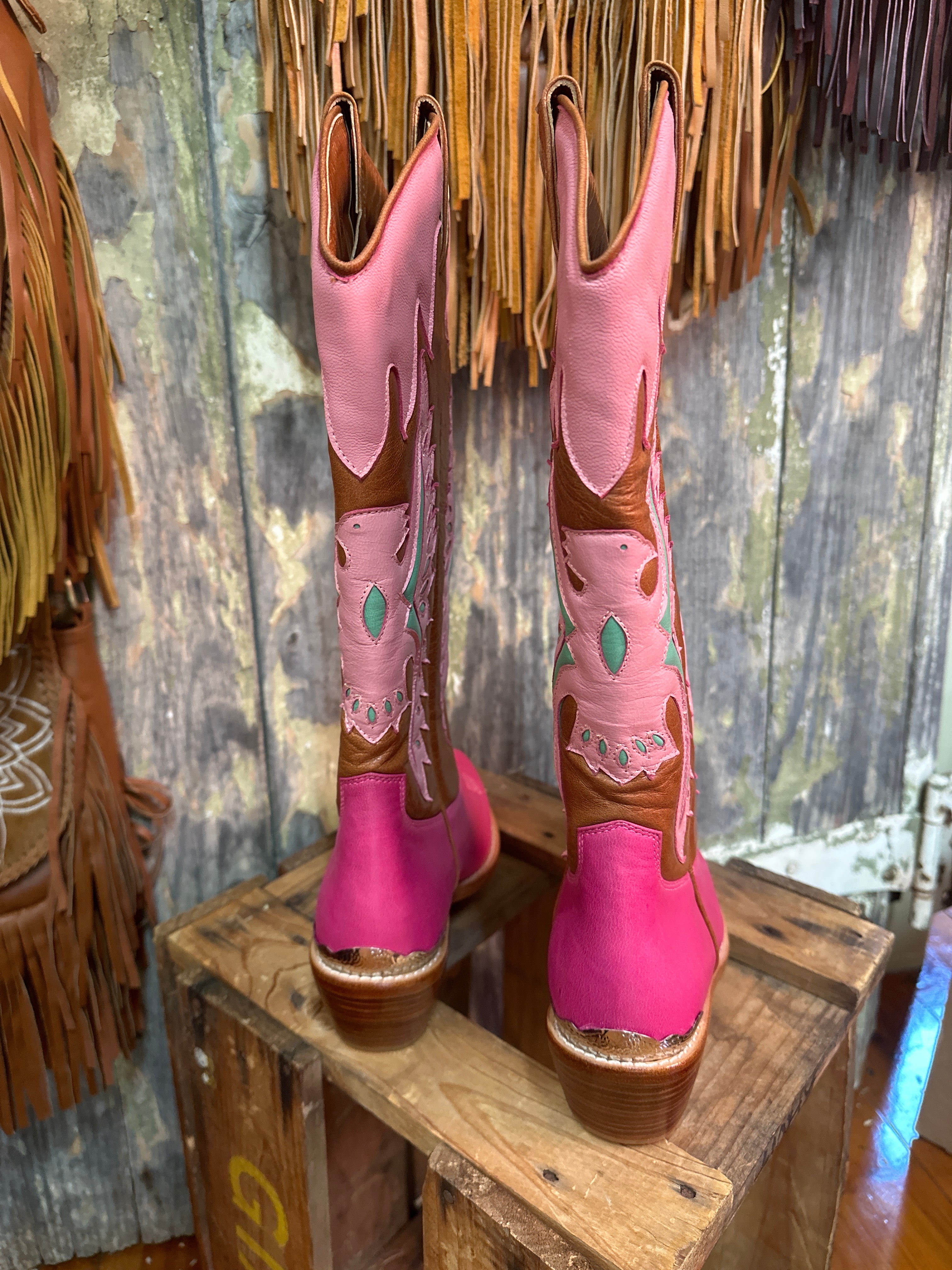 Eagle Handmade Tan & Pink Leather Cowgirl Boots