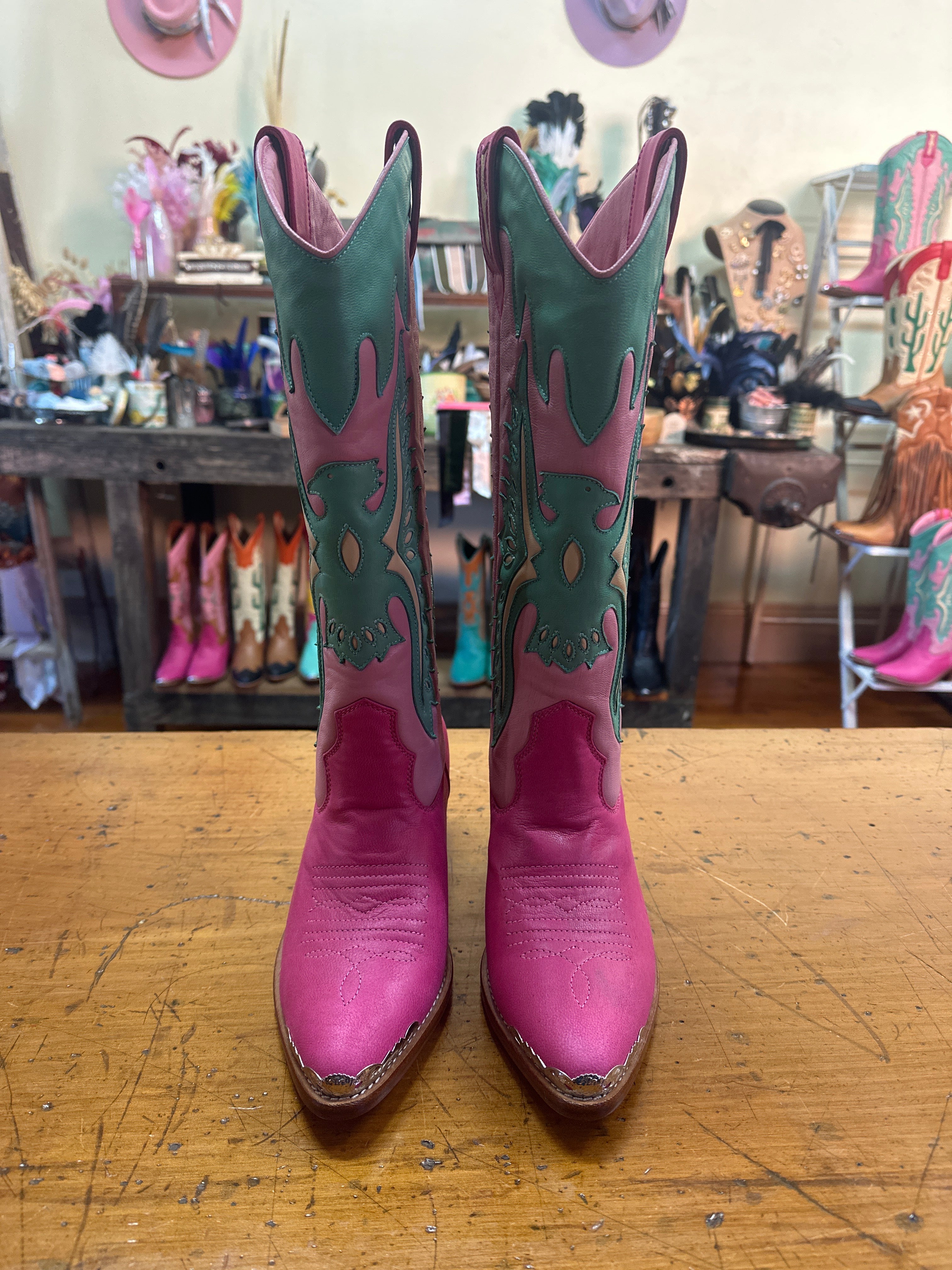 Eagle Handmade Light pink, Turquoise & Pink Leather Cowgirl Boots