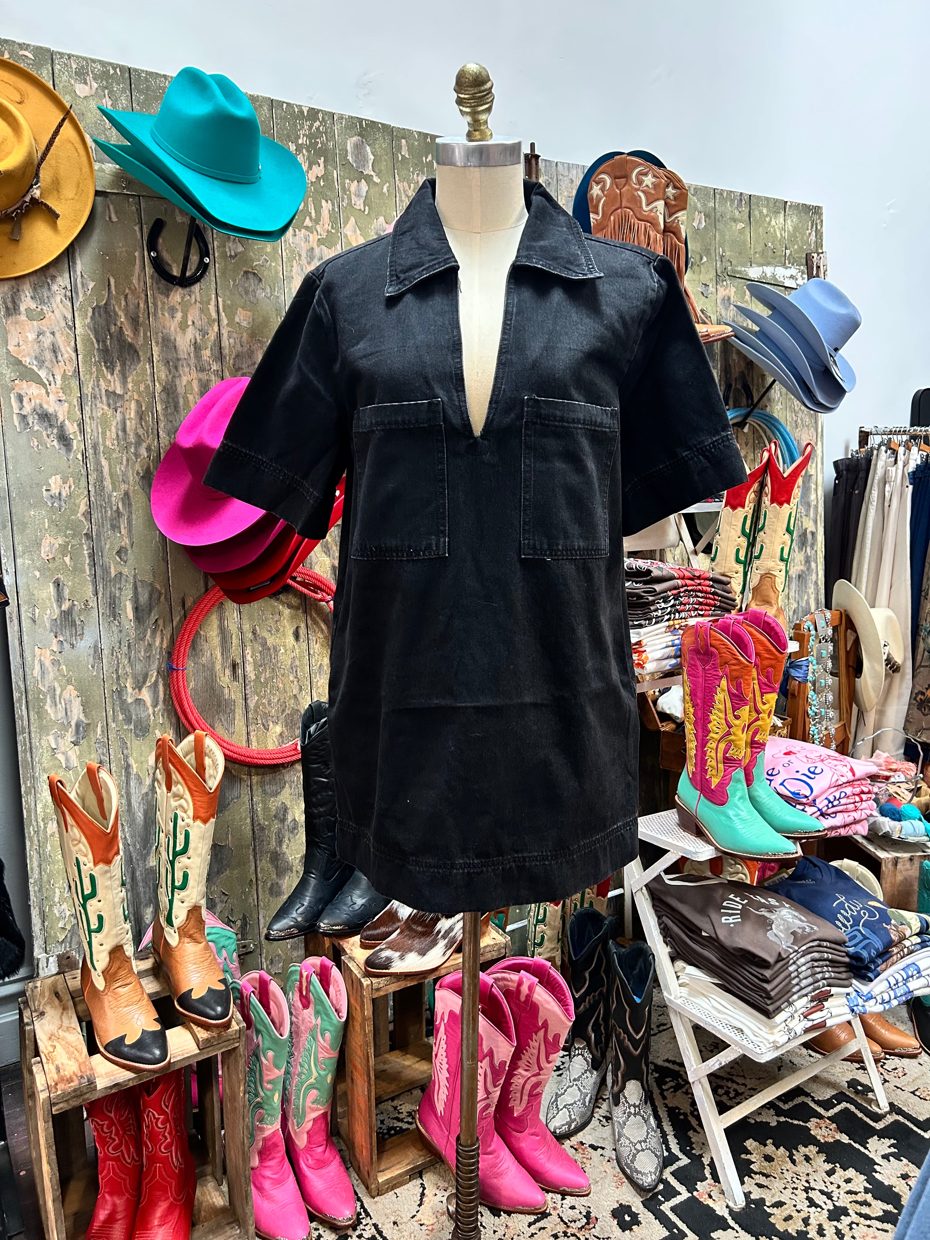By Frankie V Neck Short Black Denim Dress
