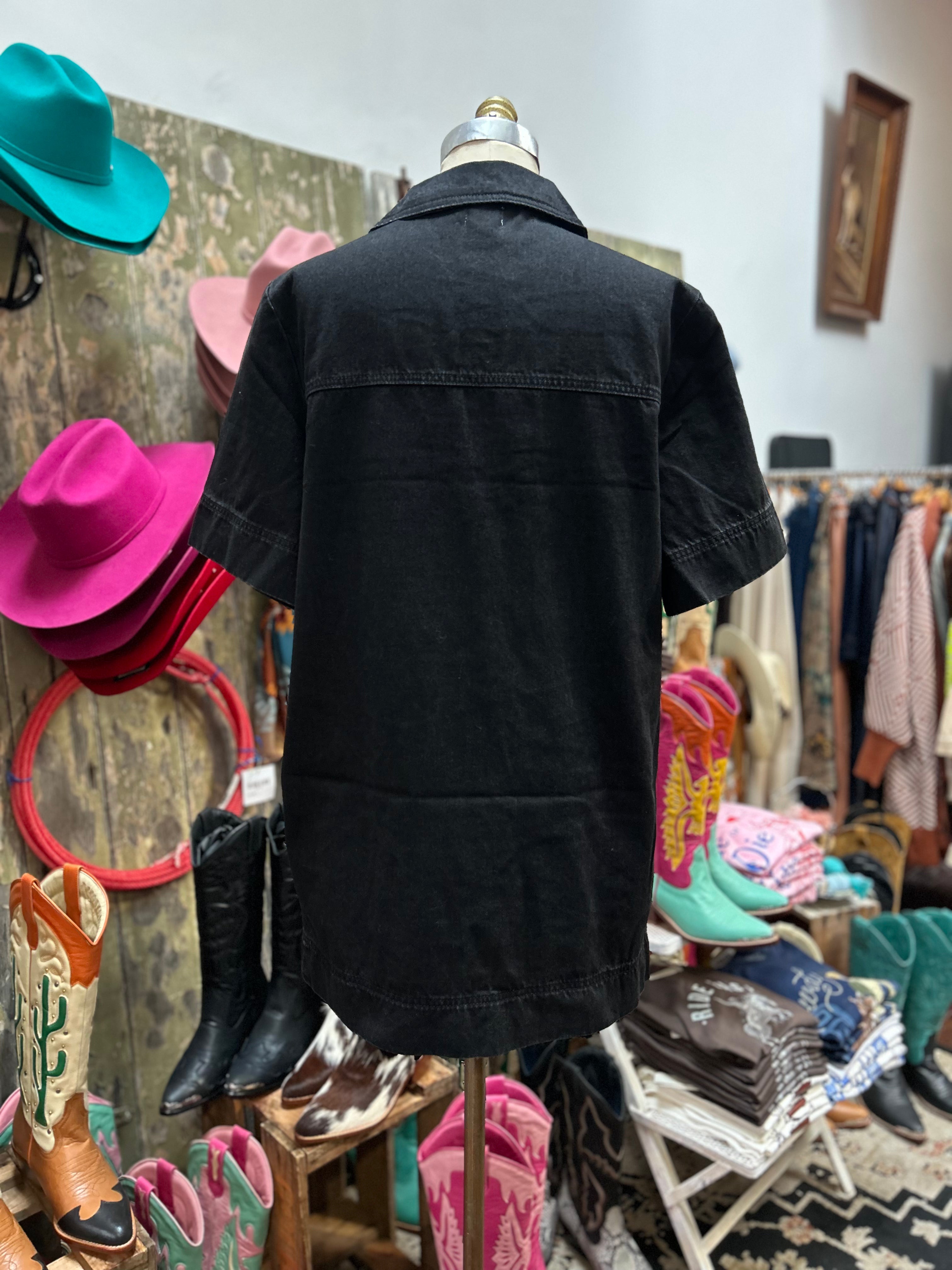 By Frankie V Neck Short Black Denim Dress