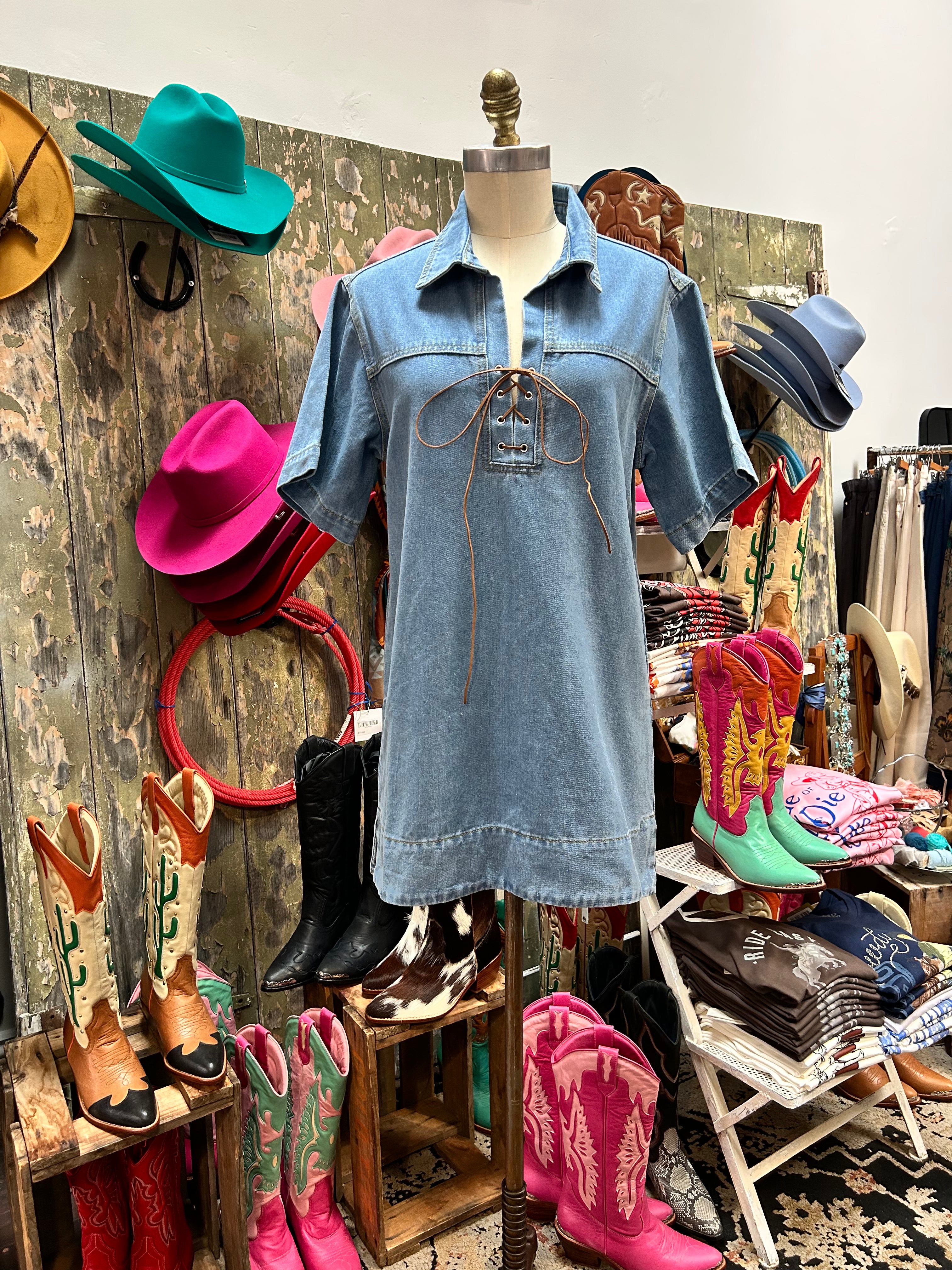 Paper Hearts Texas Denim Tie Up Dress