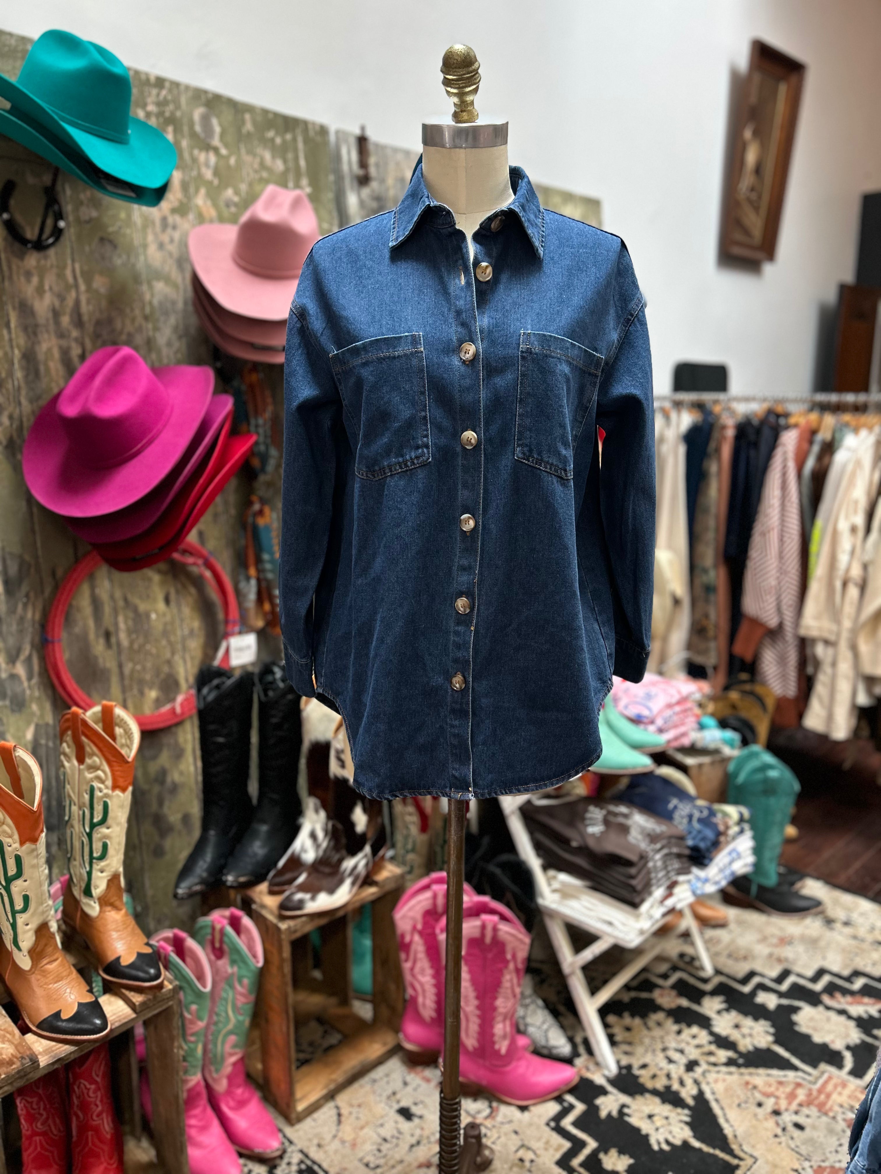 By Frankie Dark Denim Embroided Cowboy Shacket
