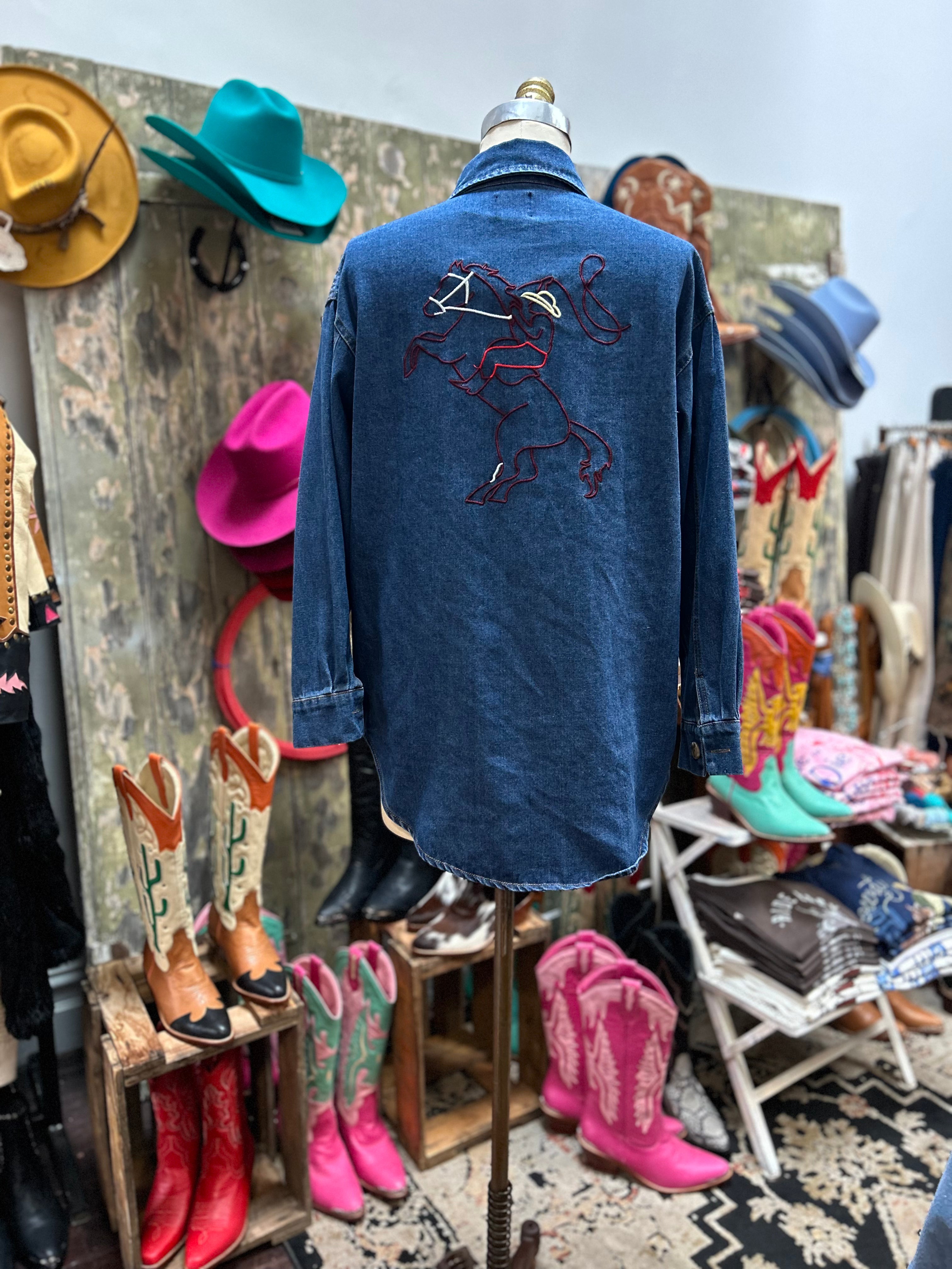 By Frankie Dark Denim Embroided Cowboy Shacket