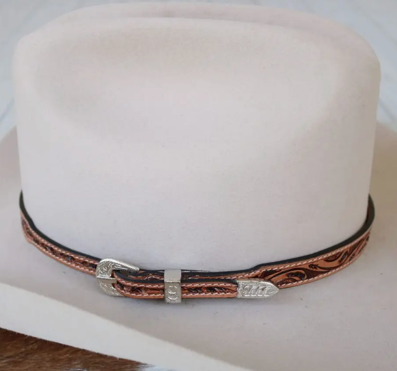 Willow Lane Brown Tooled Leather Buckle Hat Band
