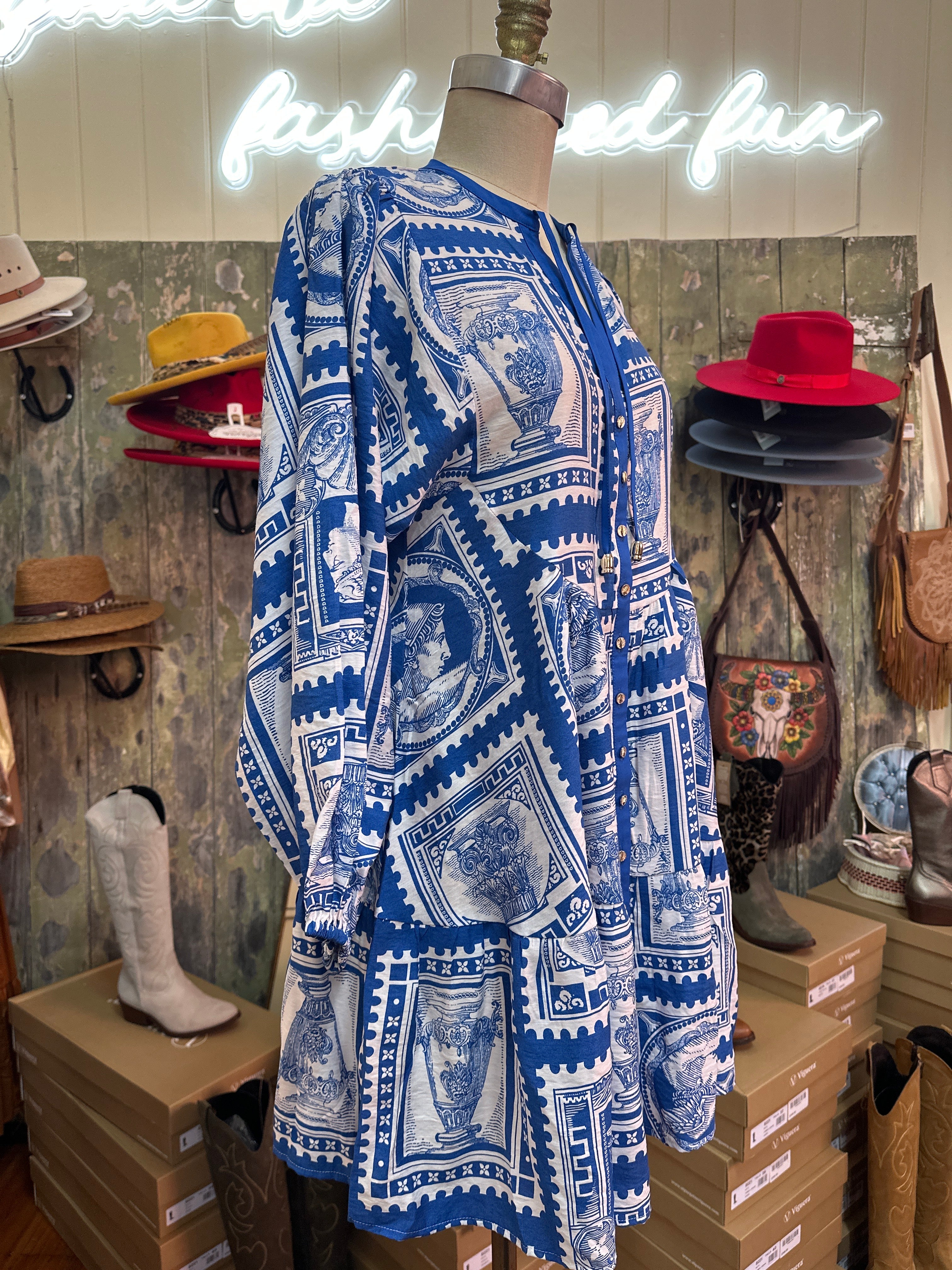 Salty Bright Blue Greece Print Dress