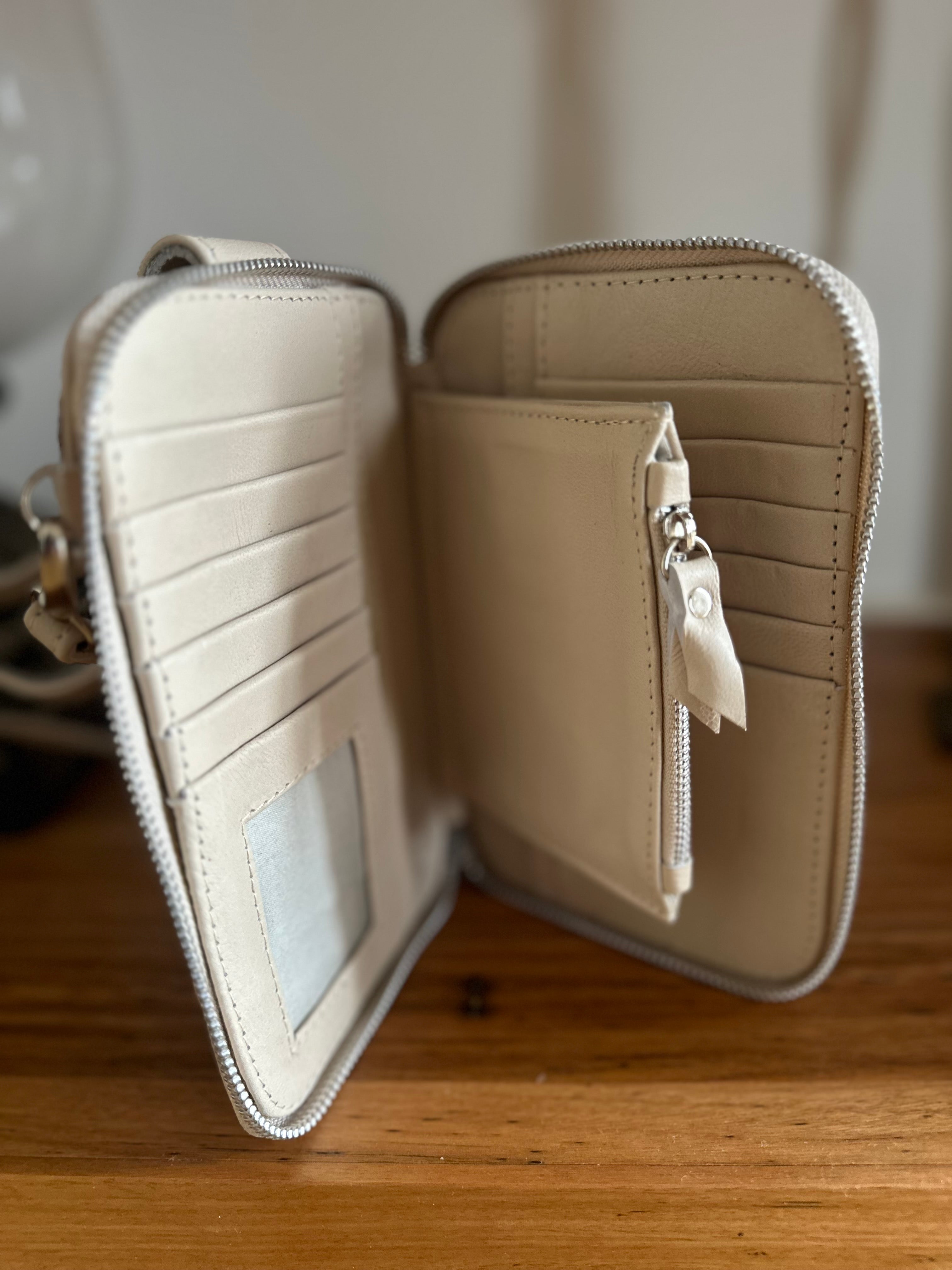 Handmade tooled leather wallet bag with detailed phone holder and real stone detail - Natural