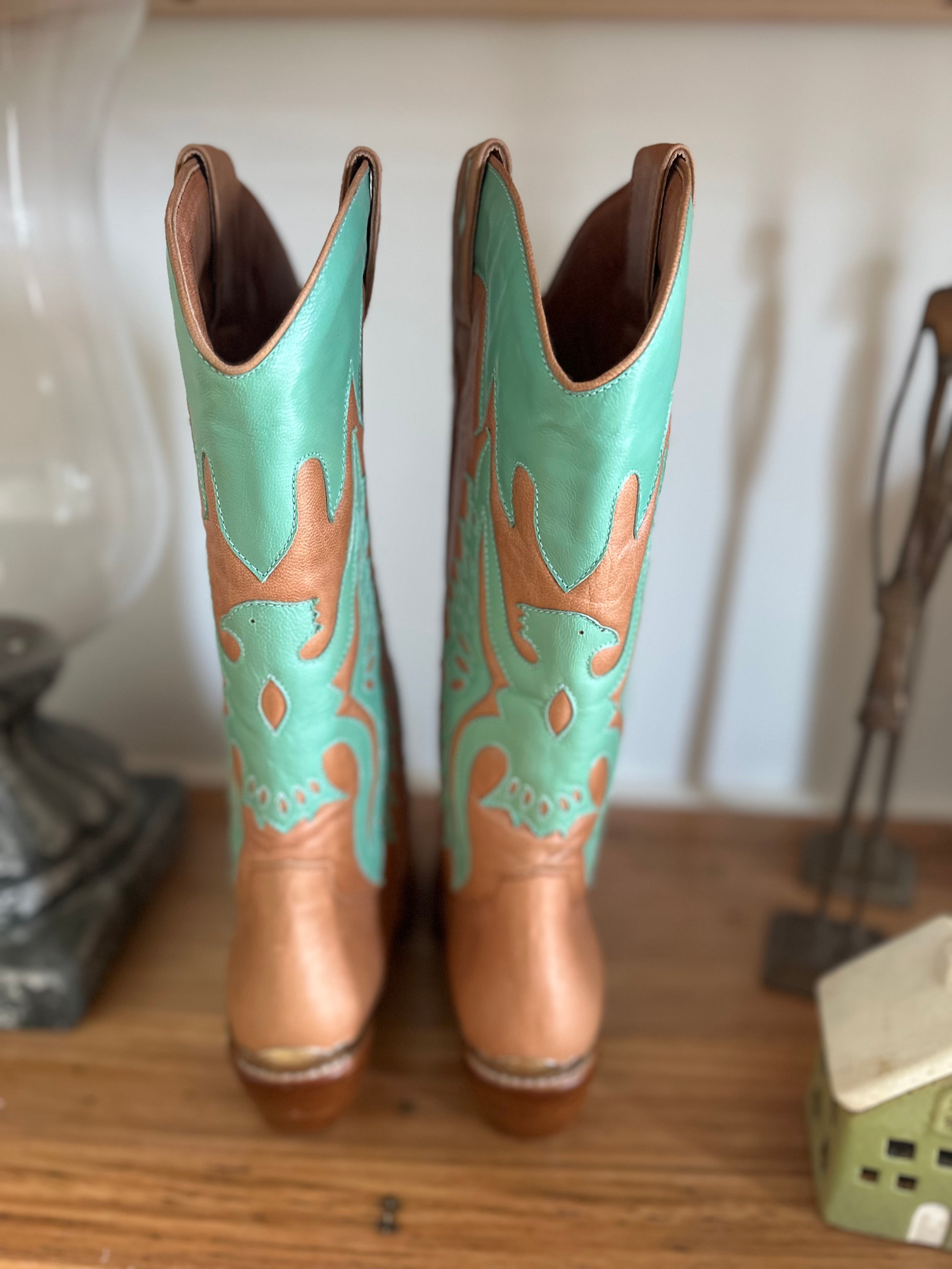 Eagle Handmade Tan & Turquoise Cowgirl Boots