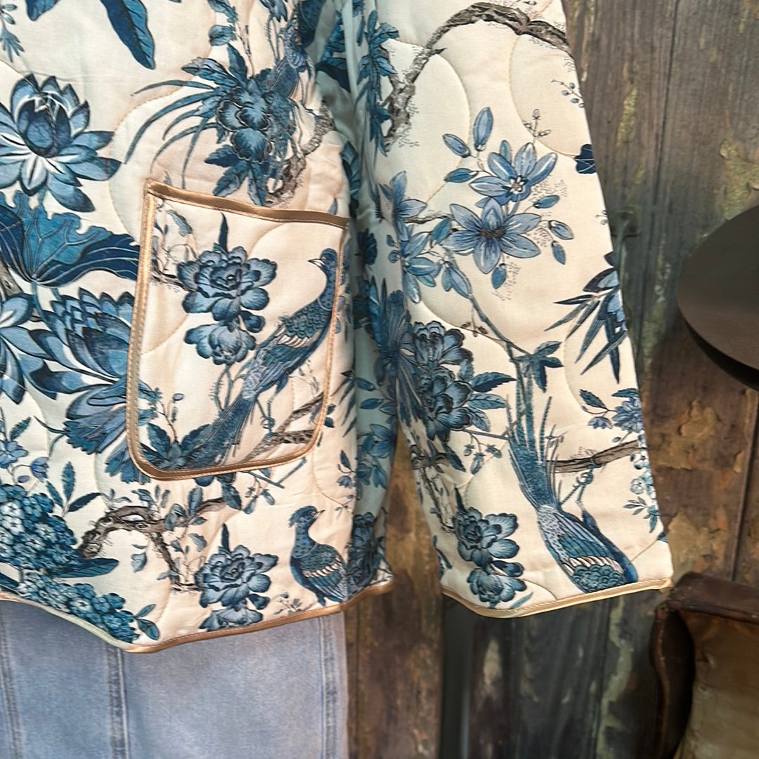 Urban Luxury Quilted Bird Print Soft Blue Jacket - Italian Made Luxury