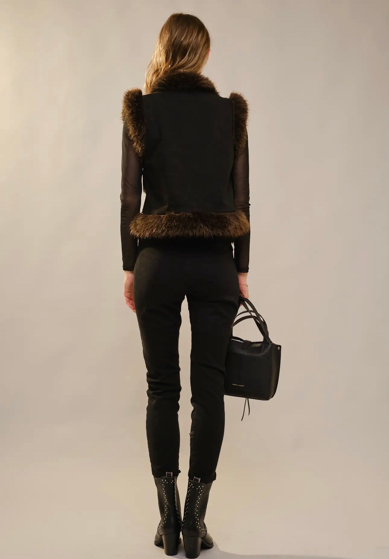 Blue  B Faux Suede Embroided Fur Trim Vest Black