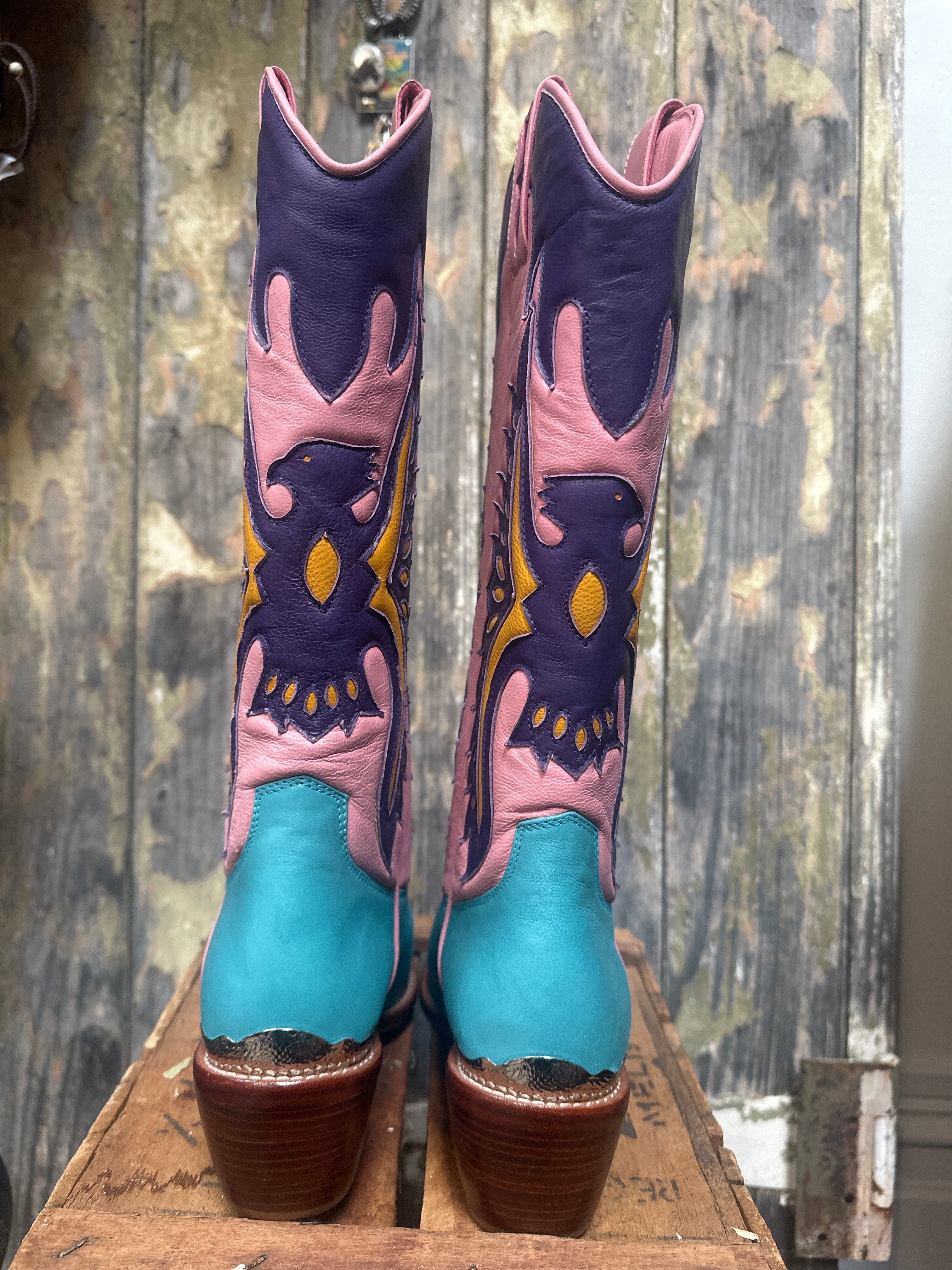 Eagle Detail Hand Made Pink Purple Turquoise Cowgirl Boots