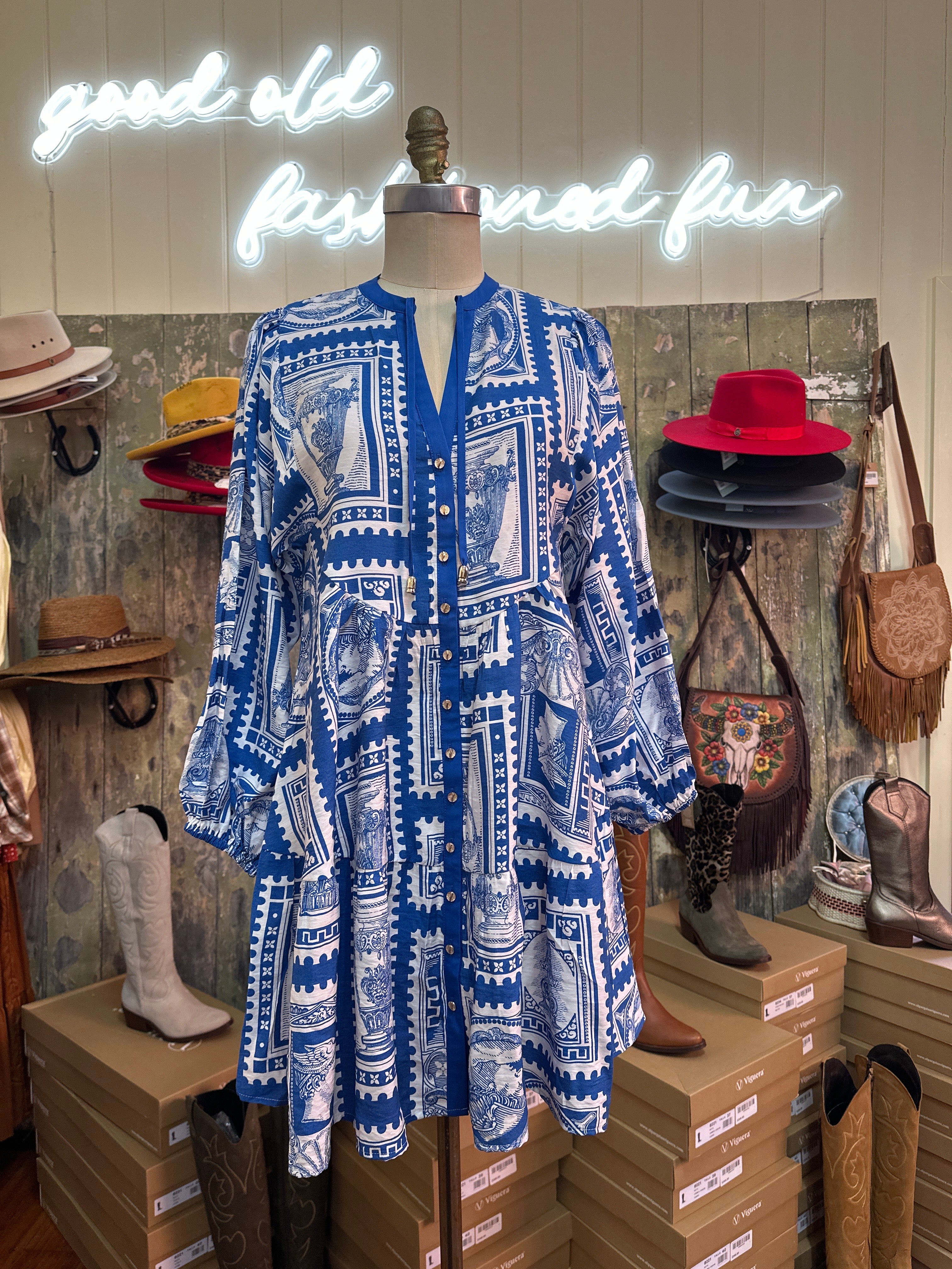 Salty Bright Blue Greece Print Dress