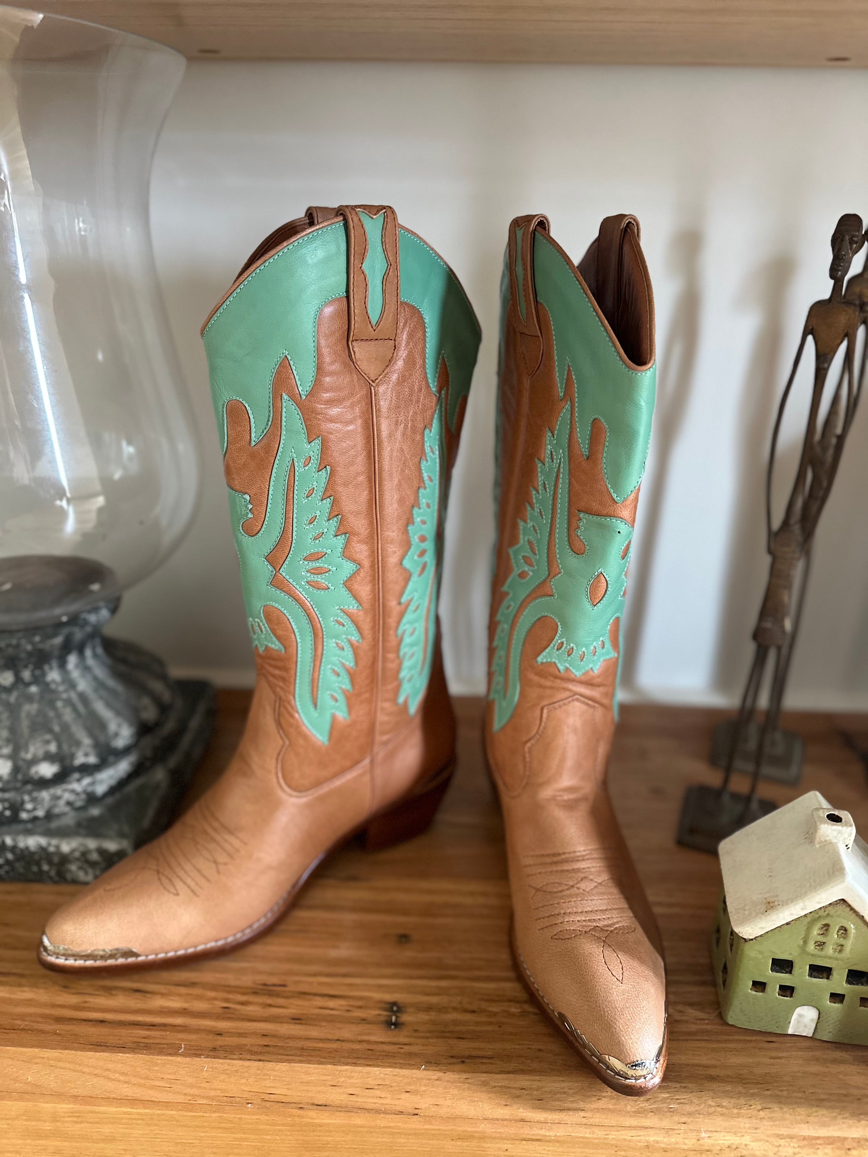 Eagle Handmade Tan & Turquoise Cowgirl Boots