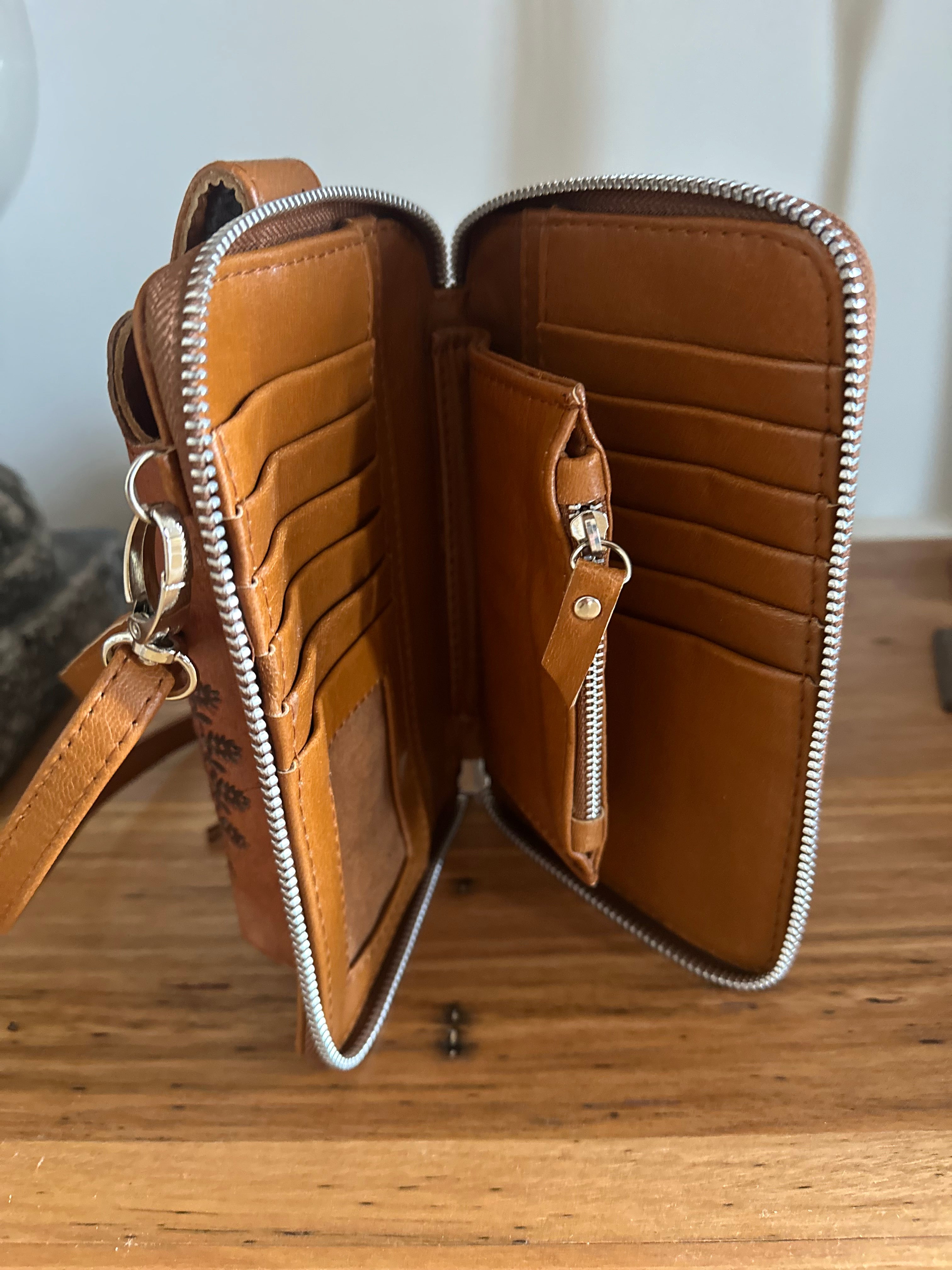 Handmade tooled leather wallet bag with detailed phone holder and real stone detail - Tan