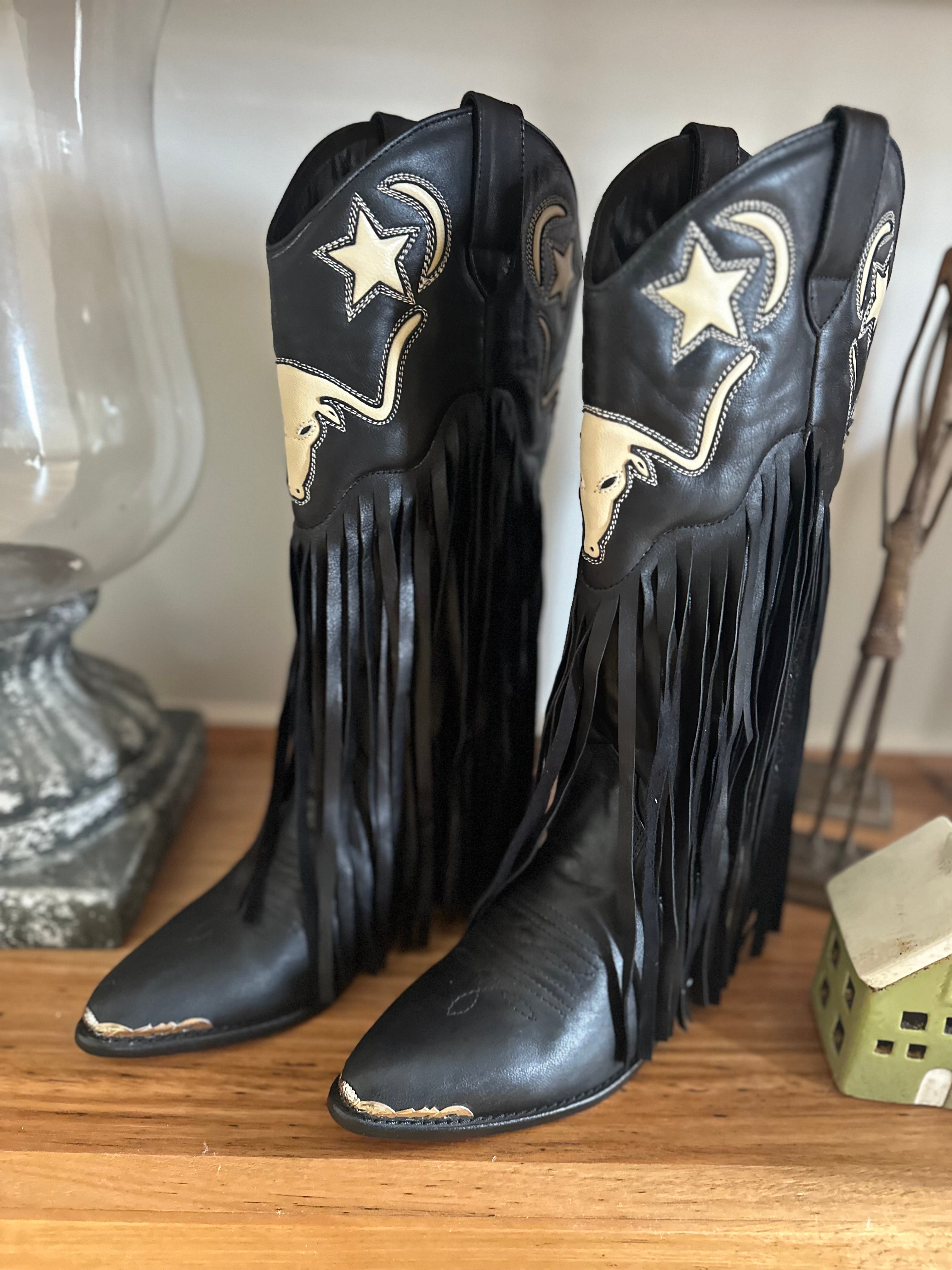 Fringe Detail Longhorn & Star Cowgirl Boots