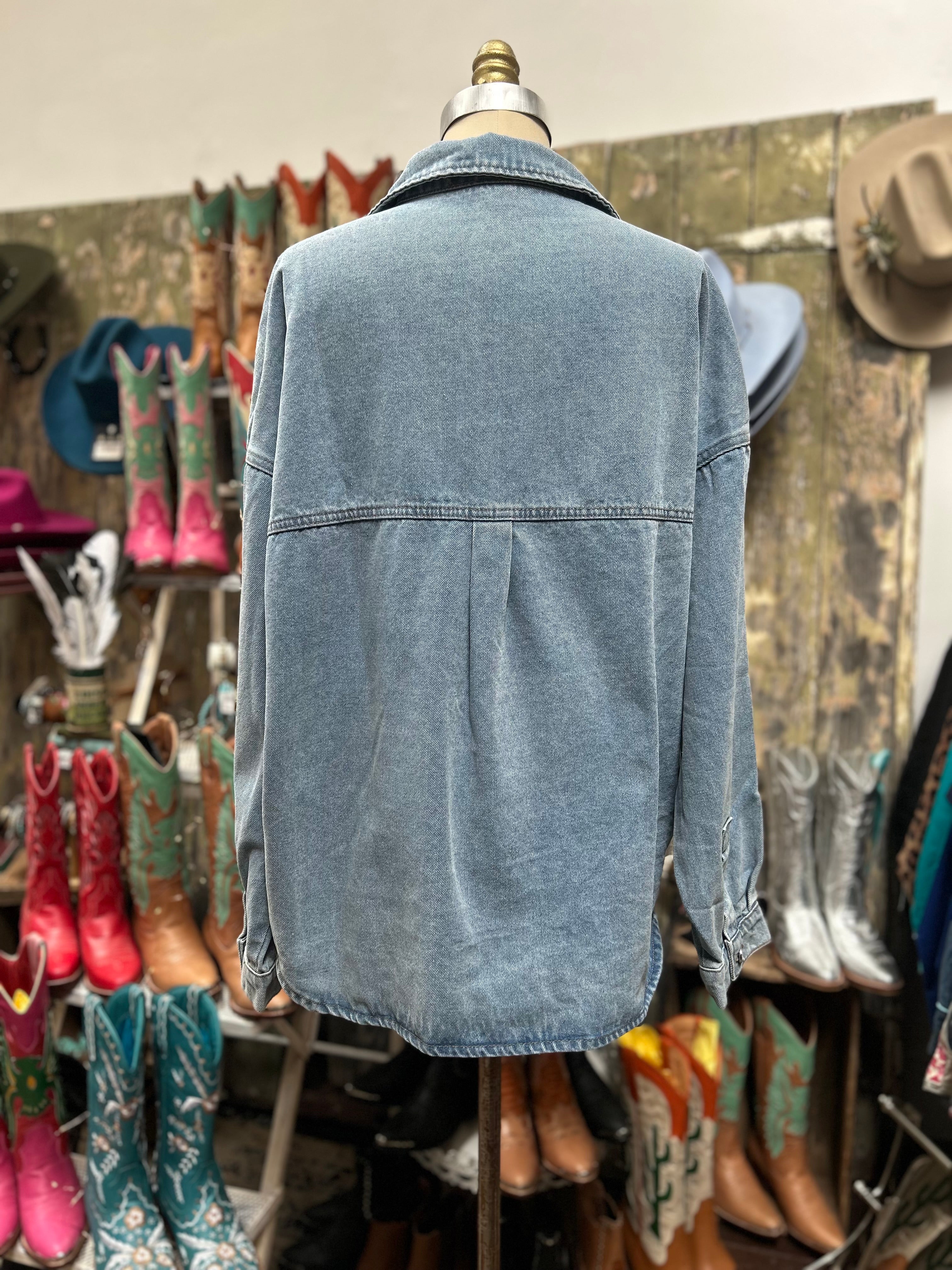 Oversized tie front denim shirt