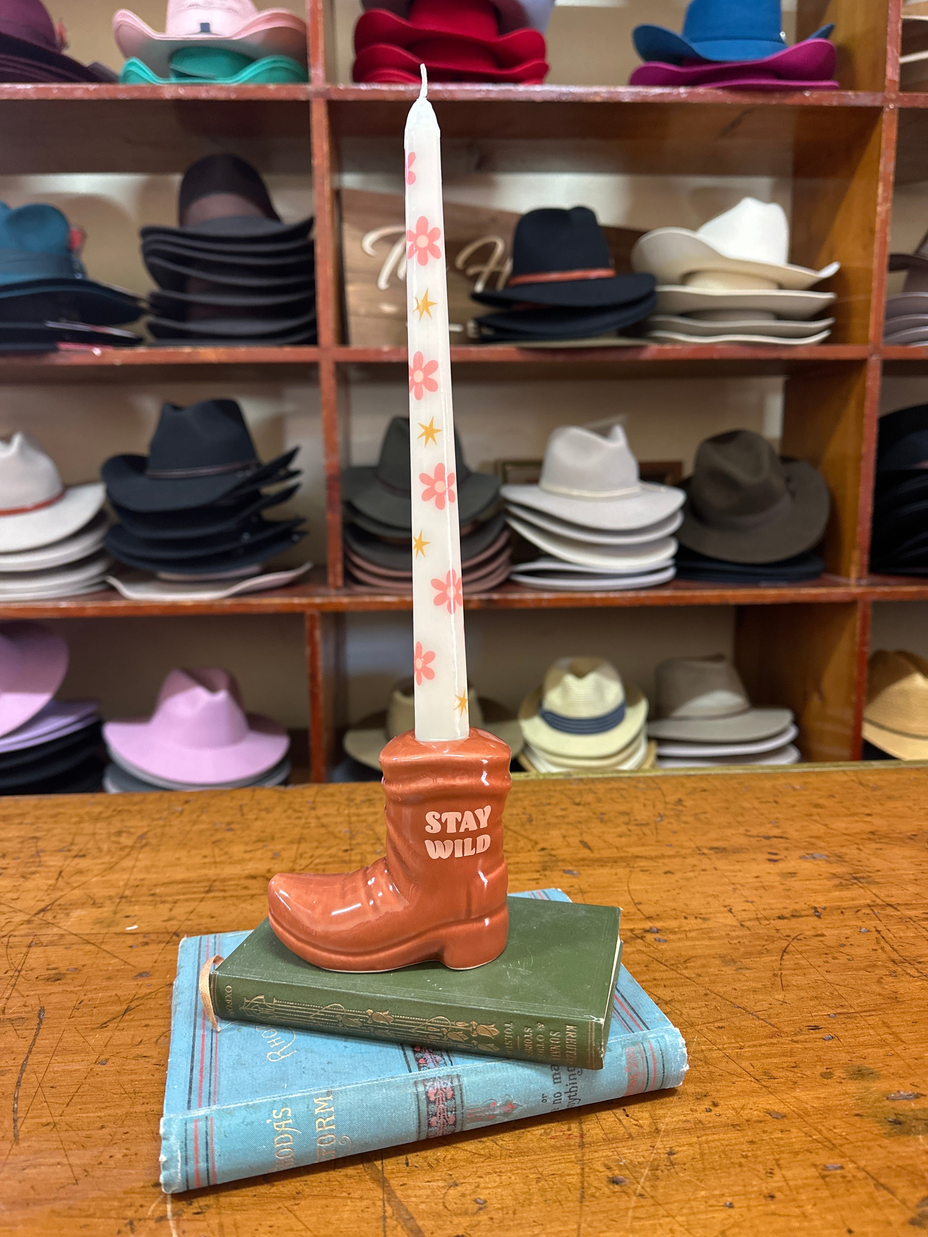 Stay Wild Cowboy Boot holder with Floral Candle