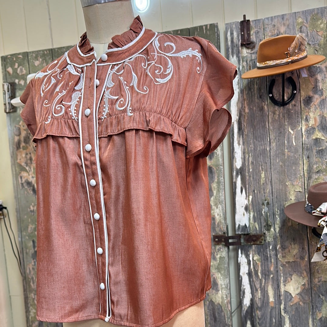 White Sandstorm Embroidery Tan Western Sleveless Shirt