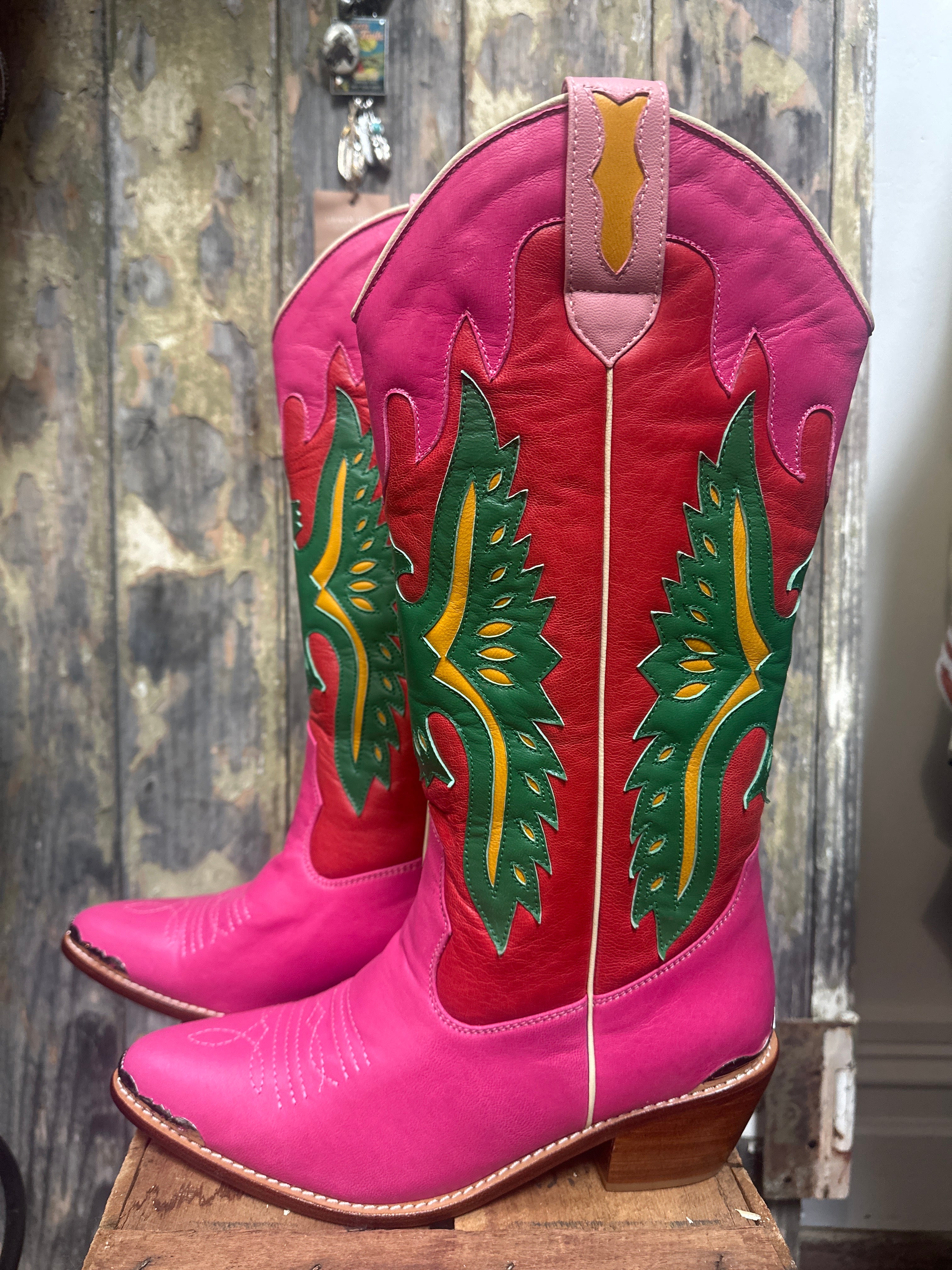 Eagle Detail Hand Made Pink Red Green Cowgirl Boots