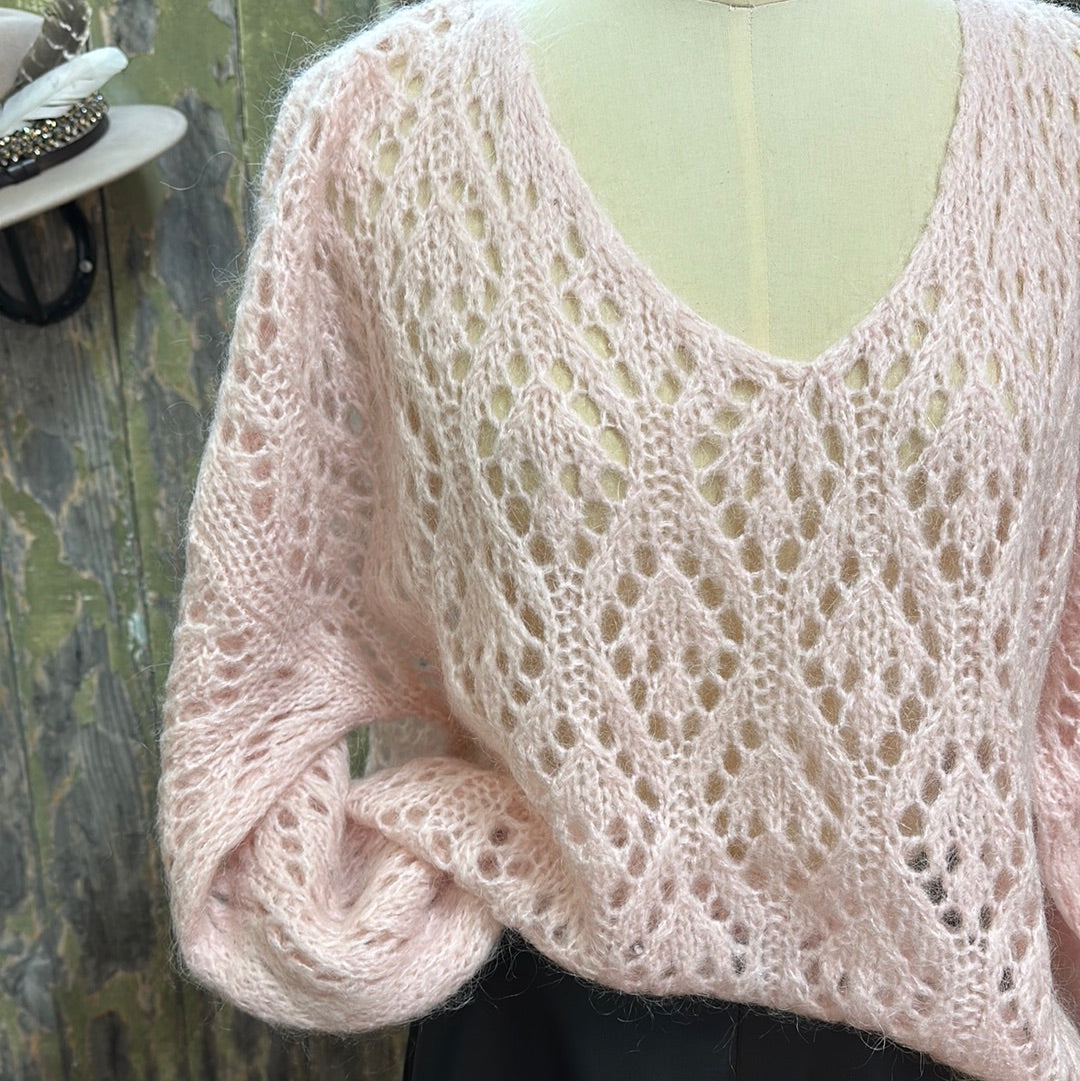 Urban Luxury Mohair Decorative Weave Mohair Mix V Neck Jumper Pale Pink