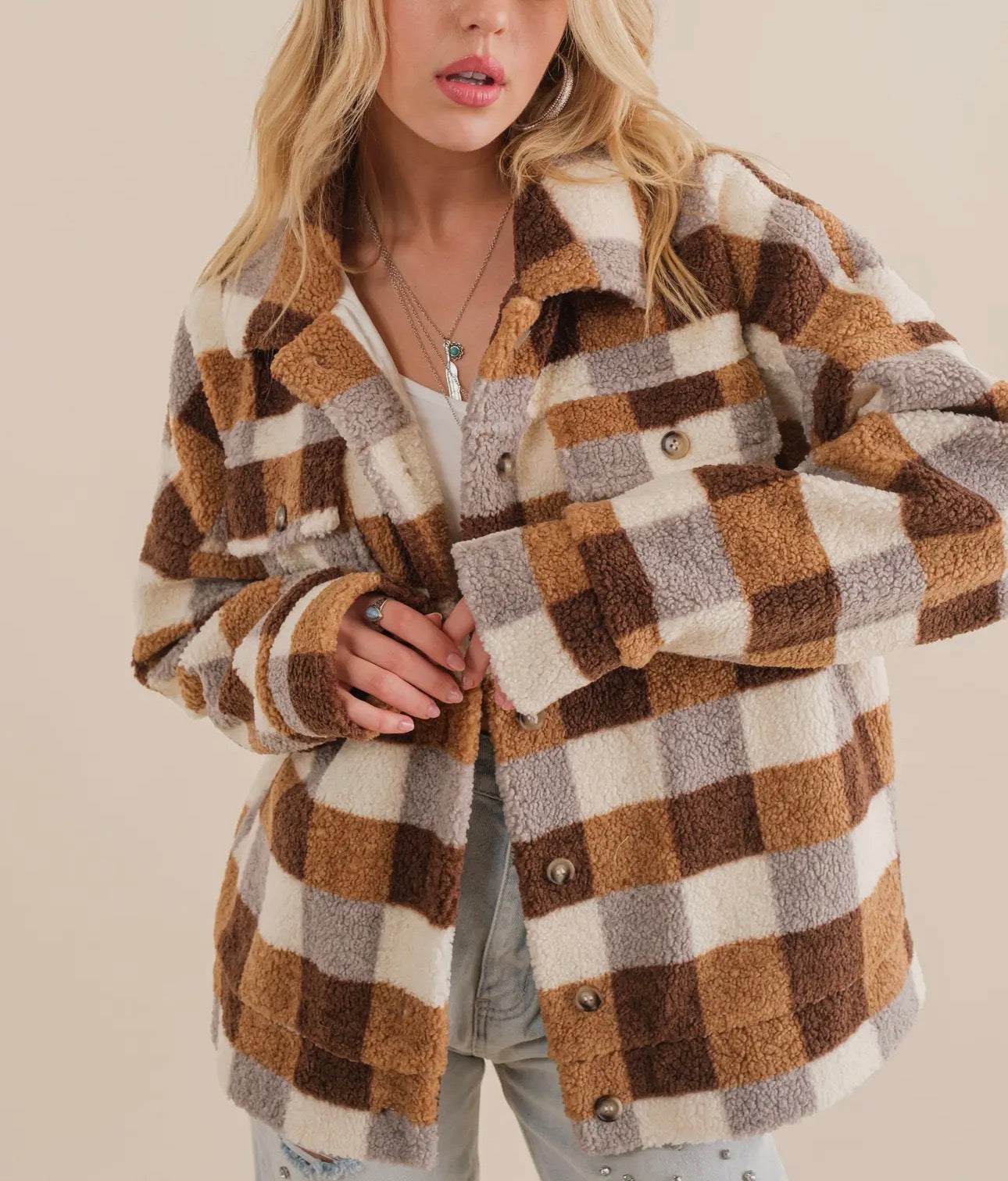 Blue B Checkered Teddy Chest Pocket Oversized Jacket