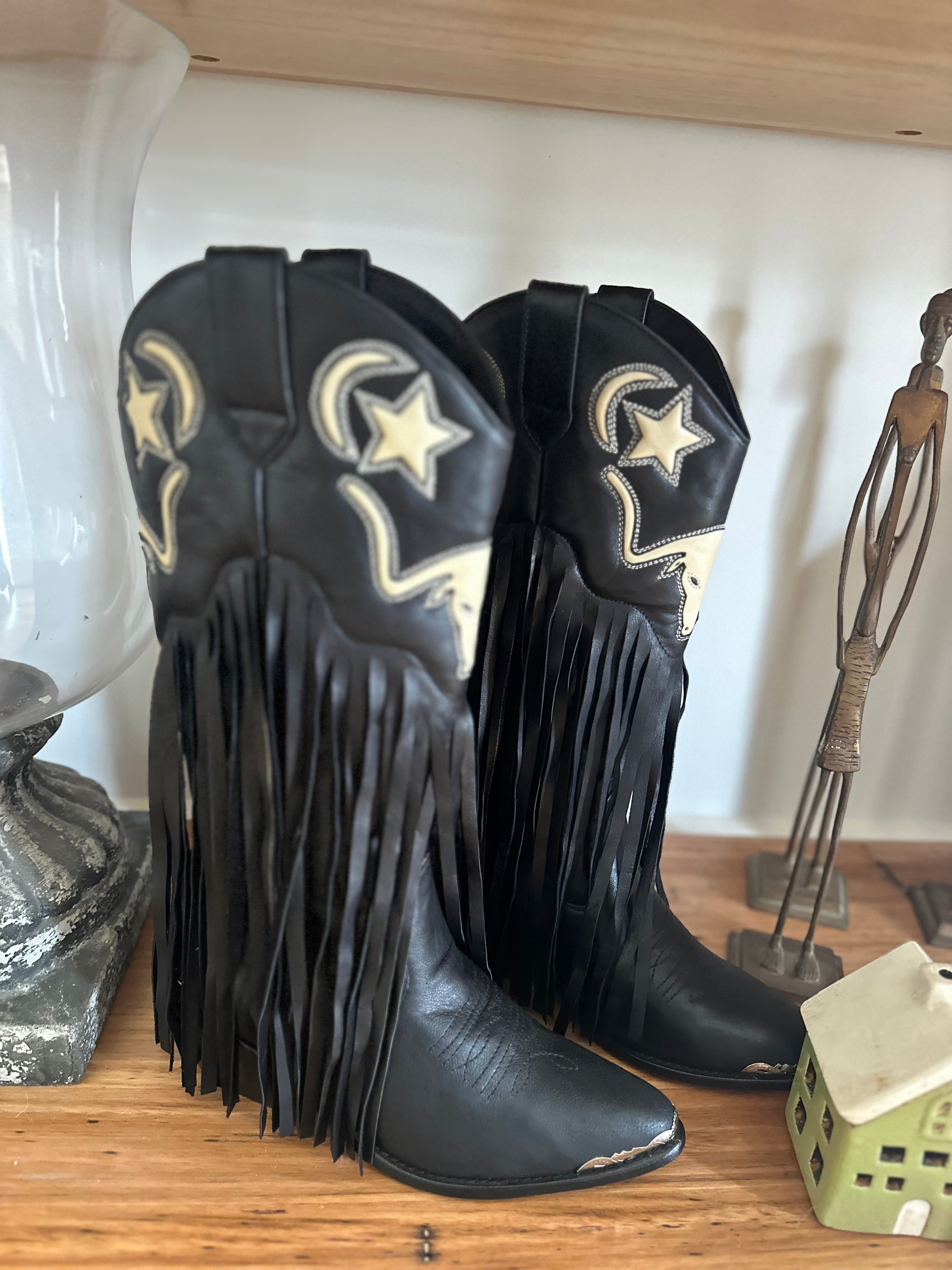 Fringe Detail Longhorn & Star Cowgirl Boots