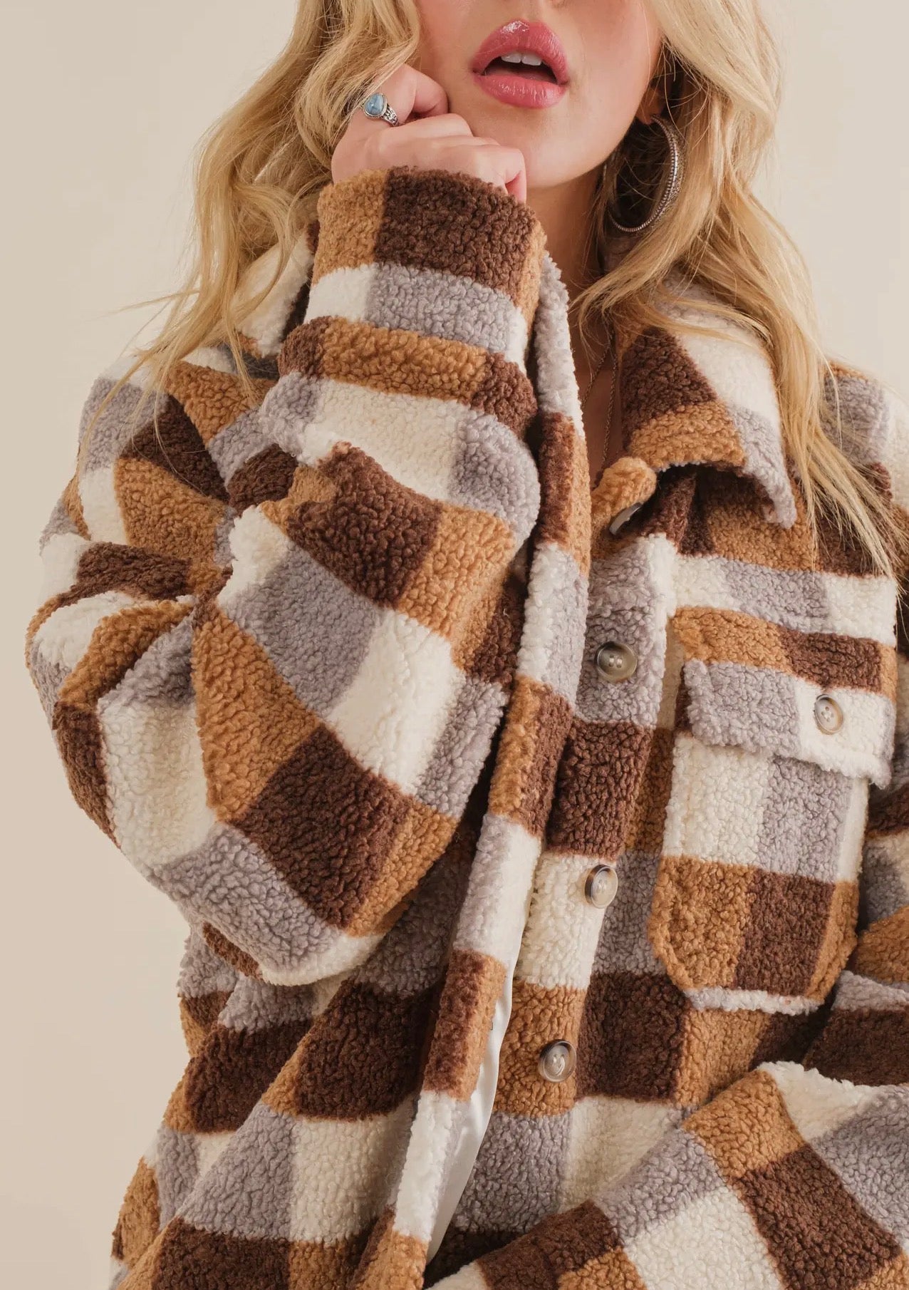 Blue B Checkered Teddy Chest Pocket Oversized Jacket