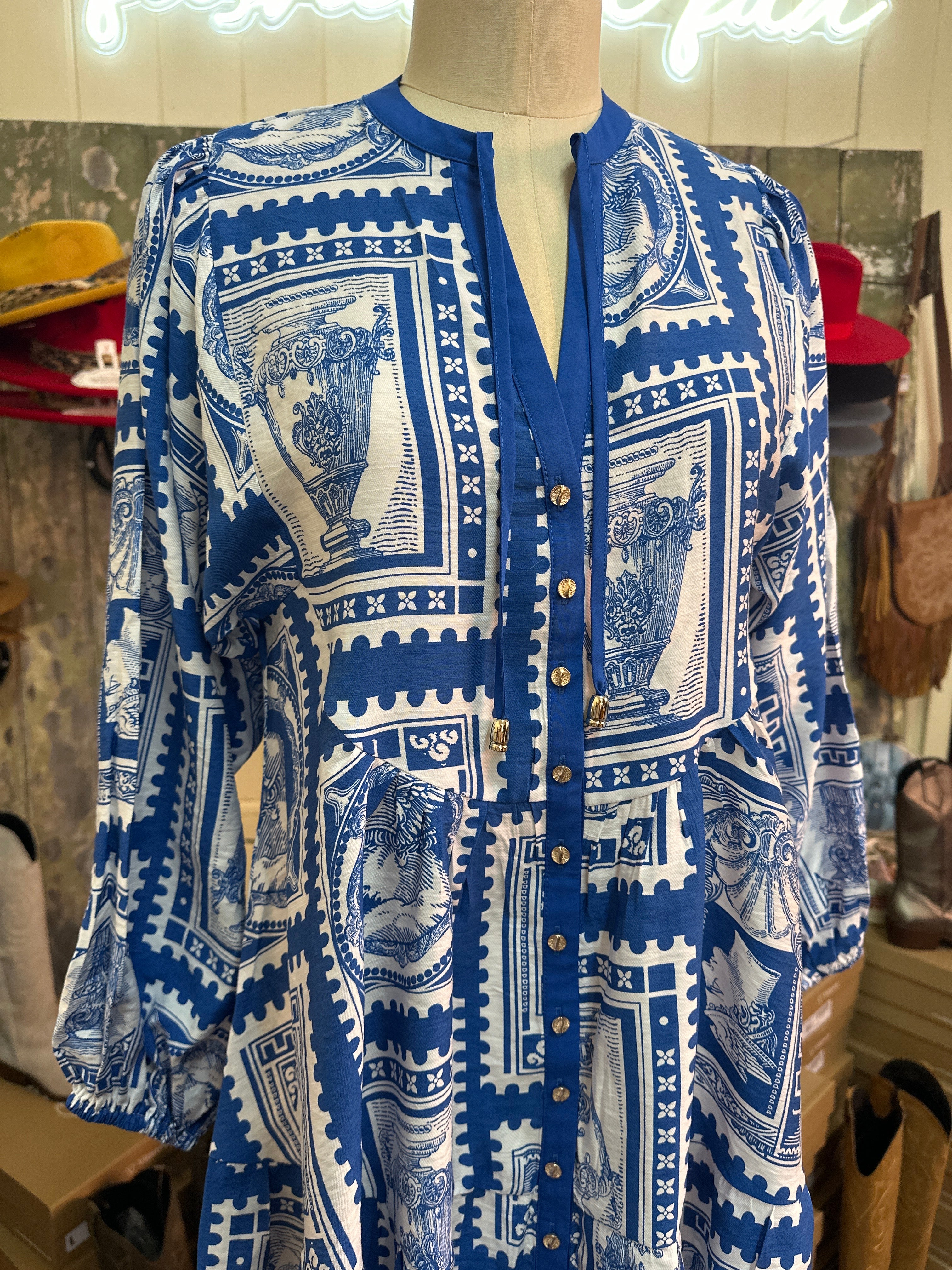 Salty Bright Blue Greece Print Dress