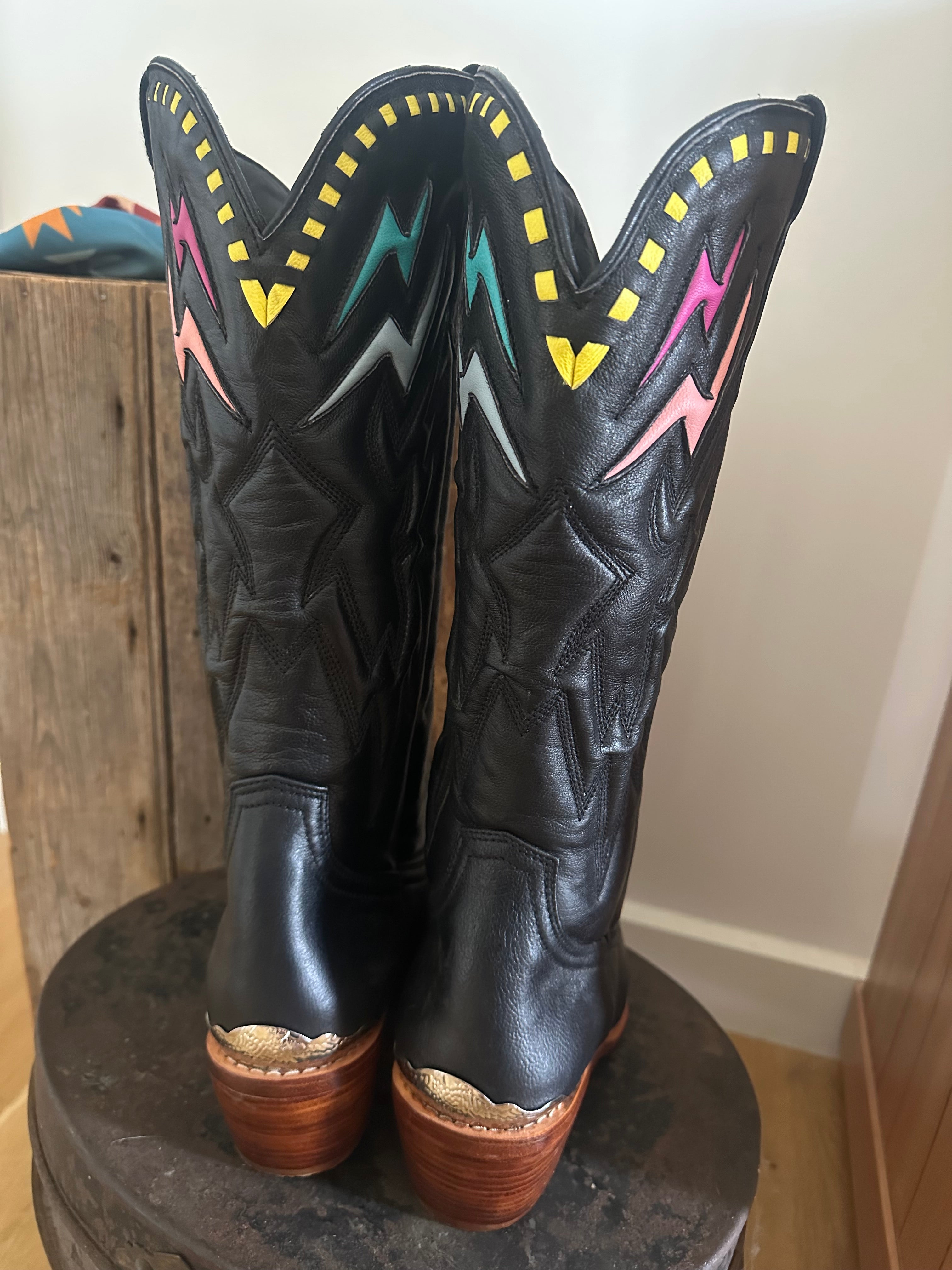 Urban Dust Black Leather Handmade Lightning Bolt Cowgirl Boot
