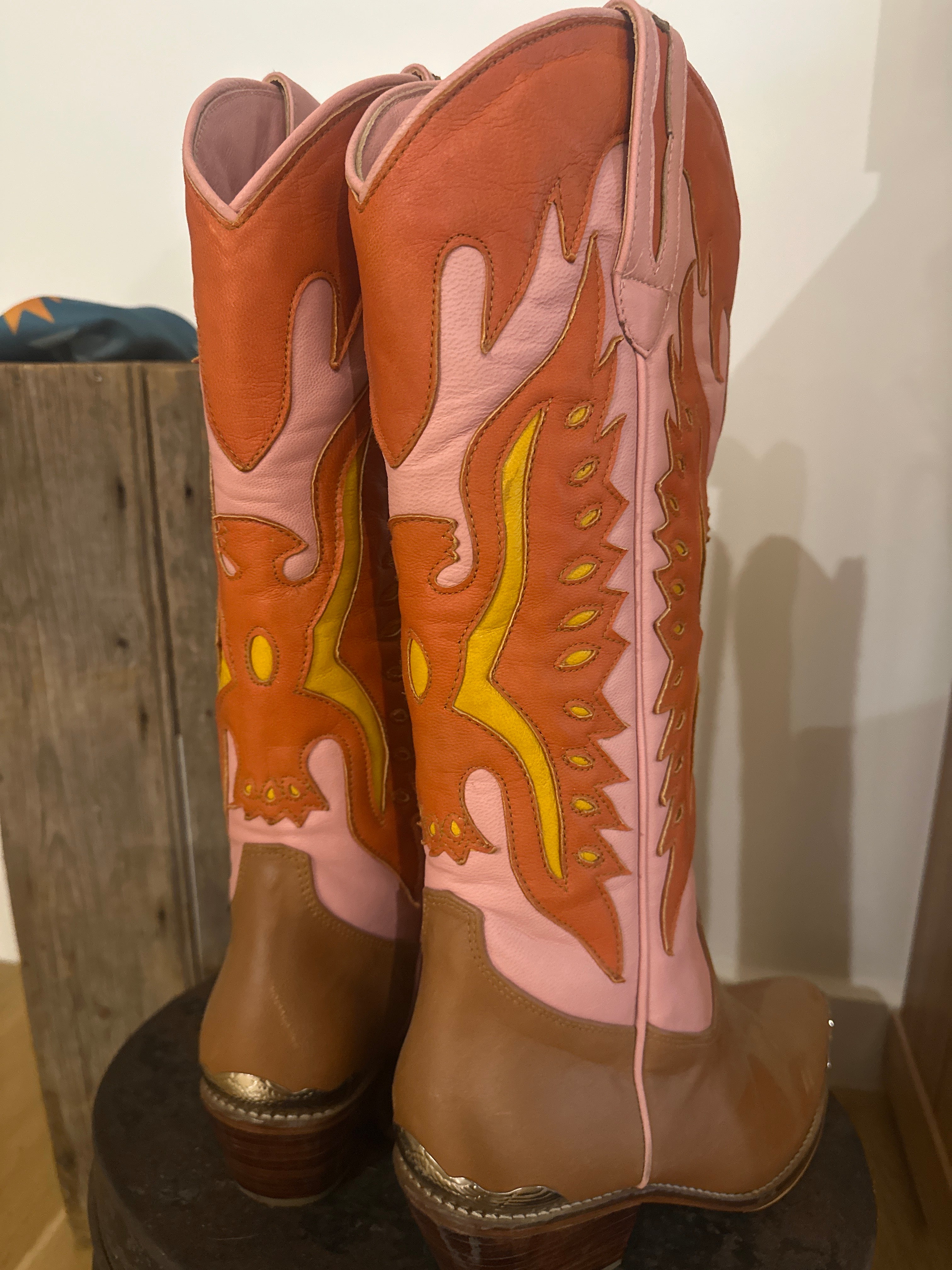 Eagle Detail Hand Made Pink Burnt Orange and Tan Cowgirl Boots