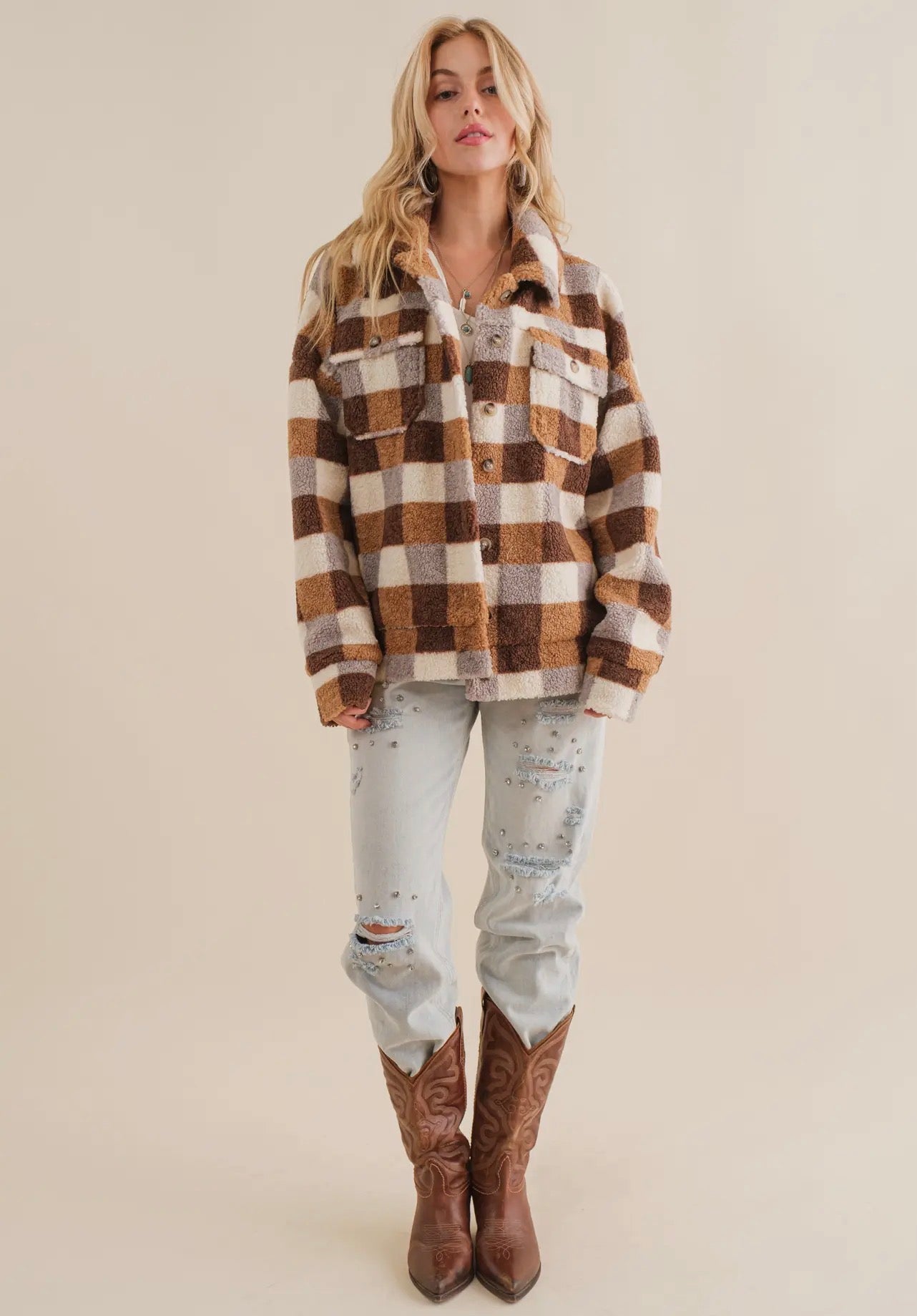 Blue B Checkered Teddy Chest Pocket Oversized Jacket