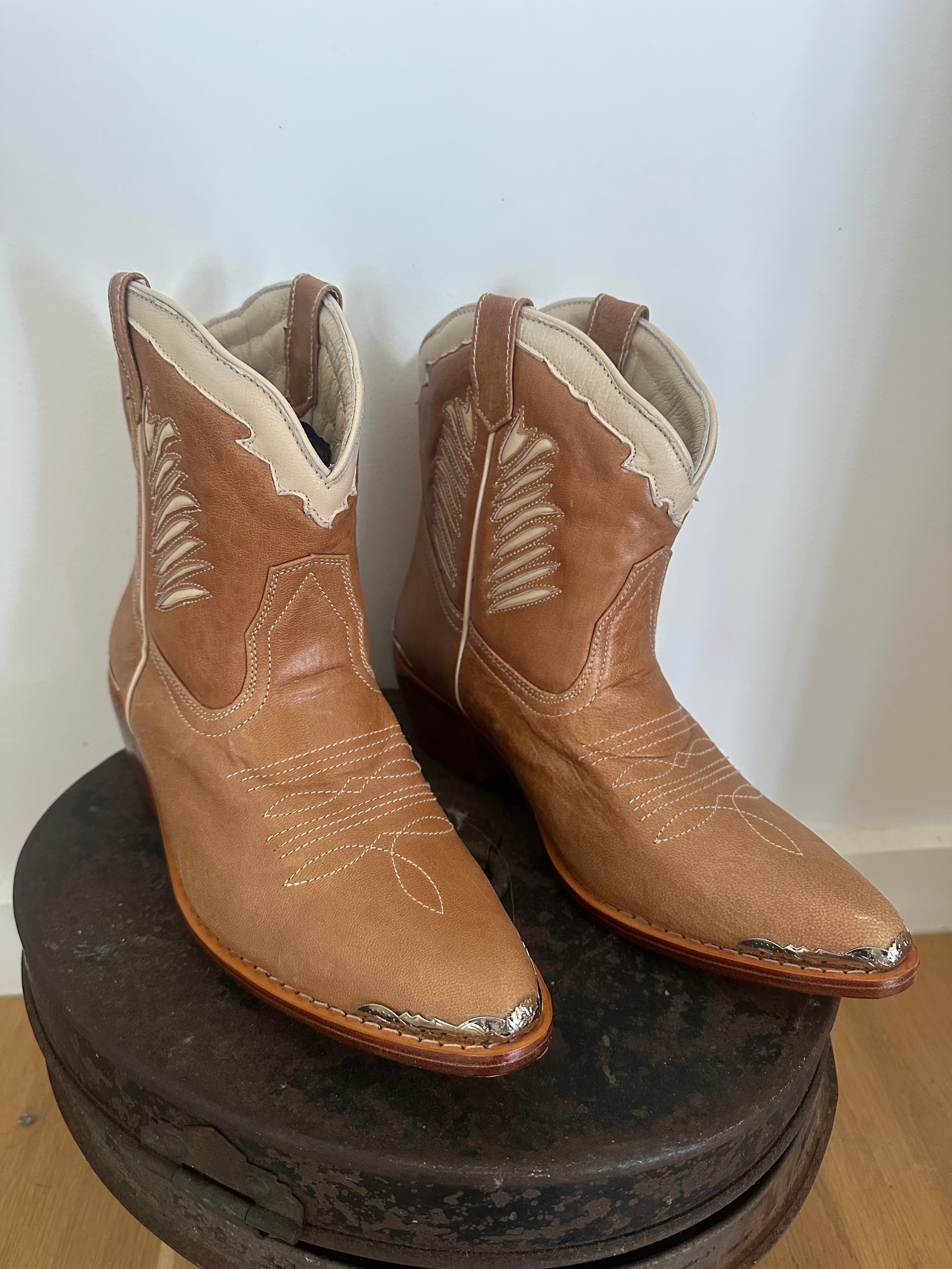 Feathered Leather Ankle Cowgirl Boots