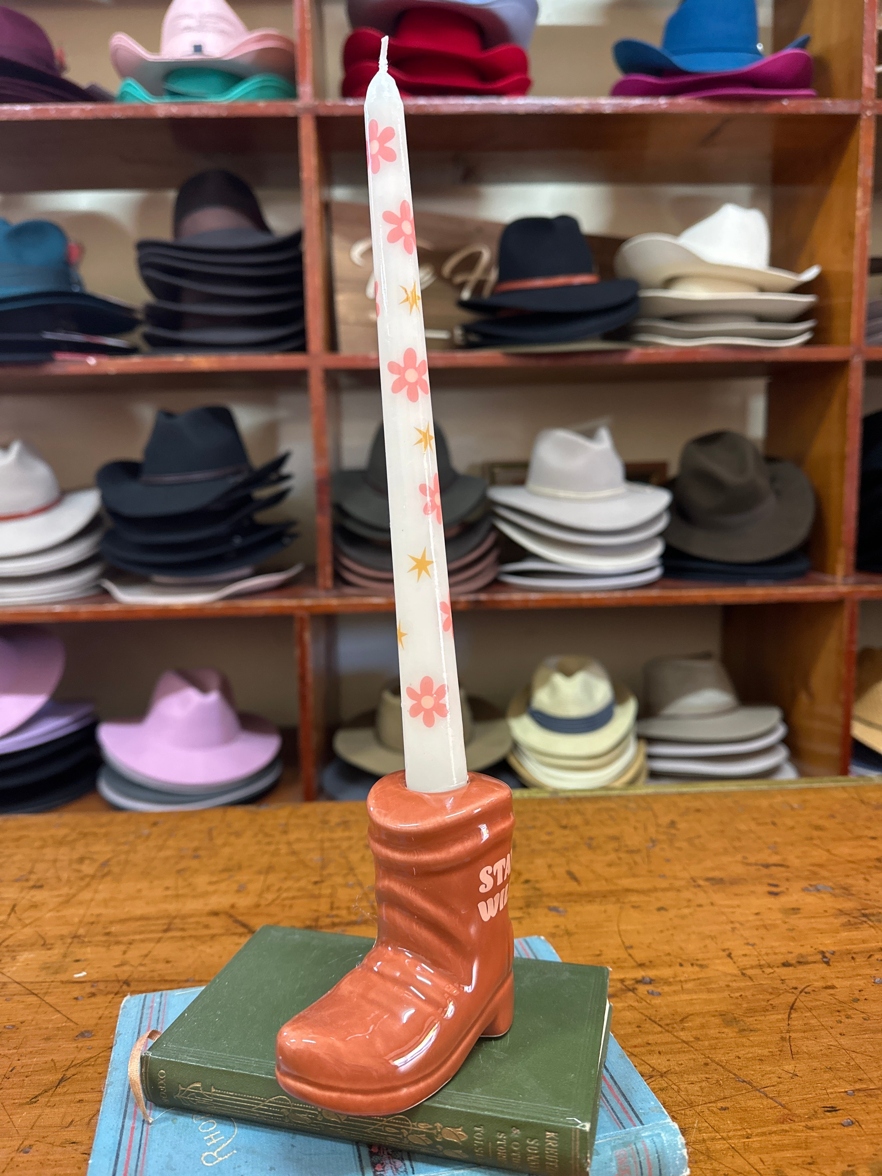 Stay Wild Cowboy Boot holder with Floral Candle
