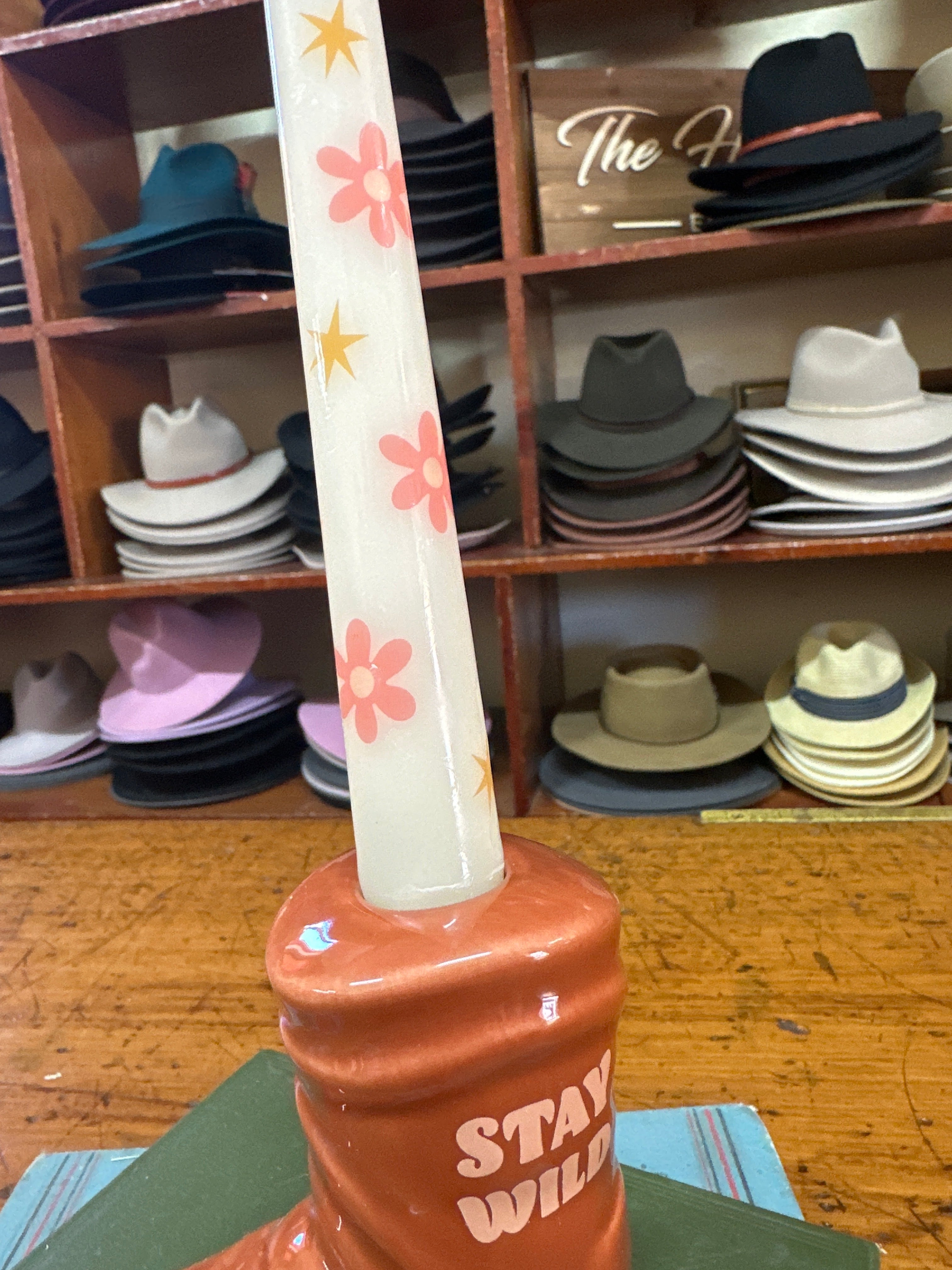 Stay Wild Cowboy Boot holder with Floral Candle