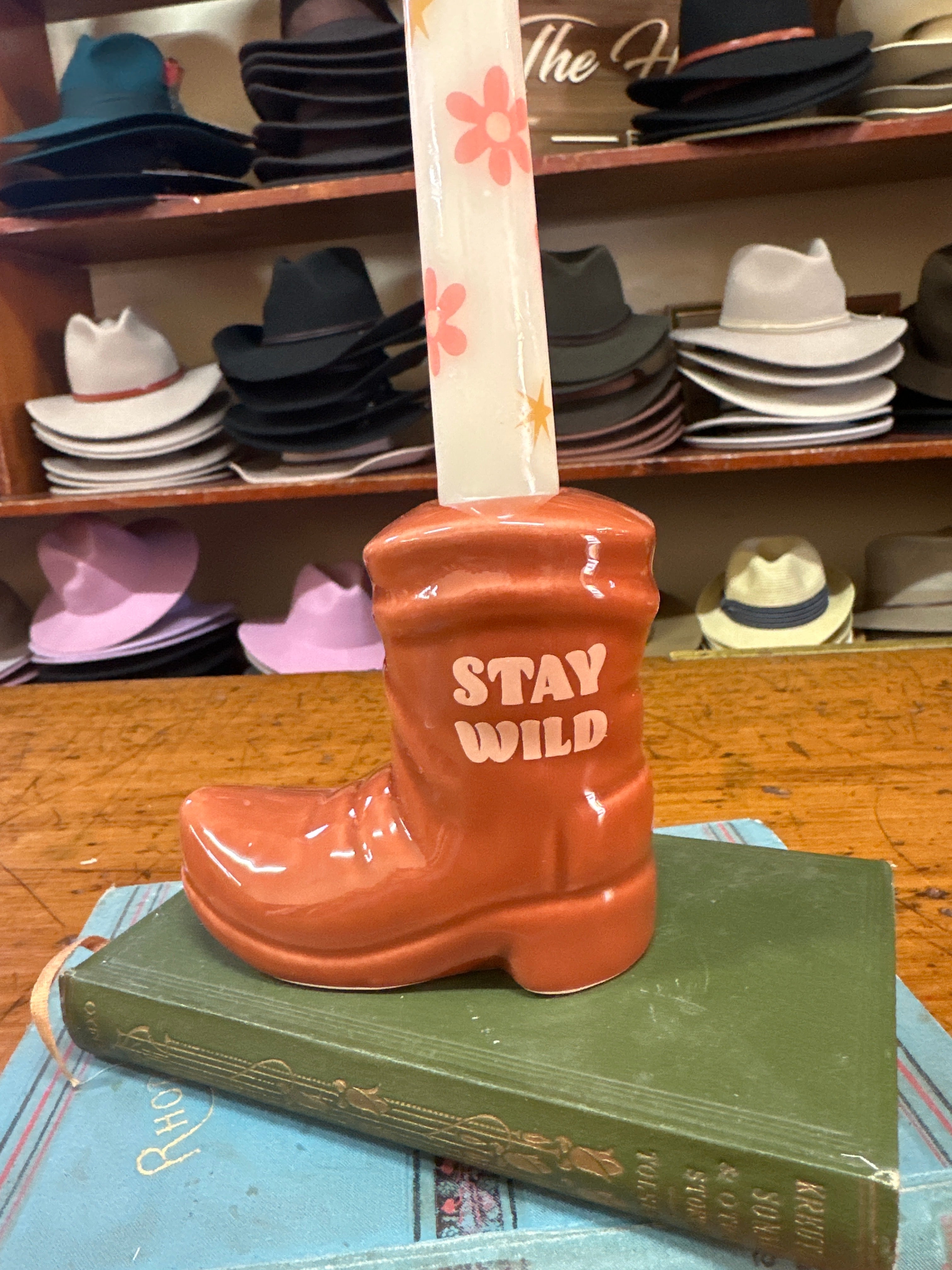 Stay Wild Cowboy Boot holder with Floral Candle