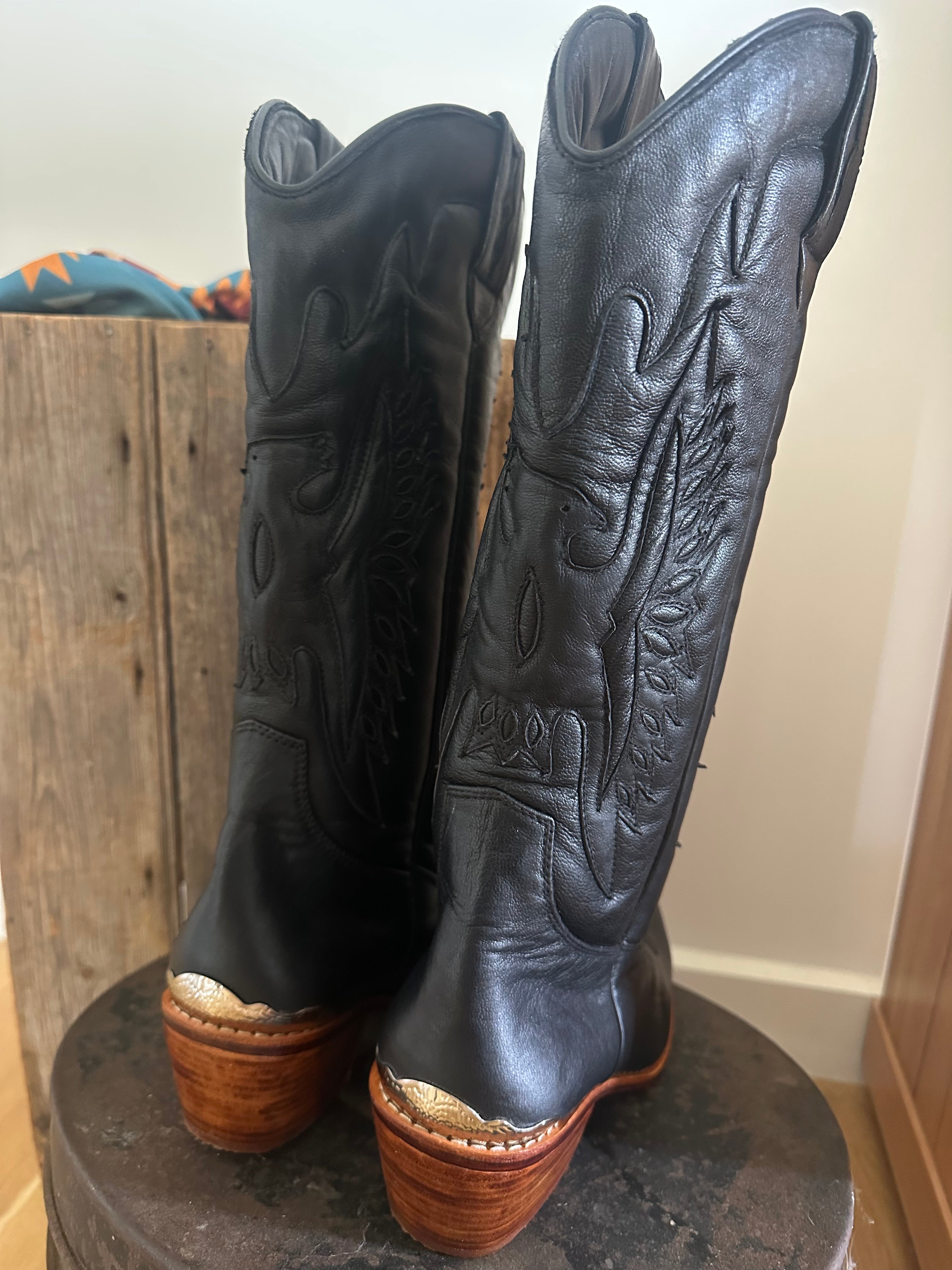Urban Dust Black Leather Handmade Eagle Cowgirl Boot