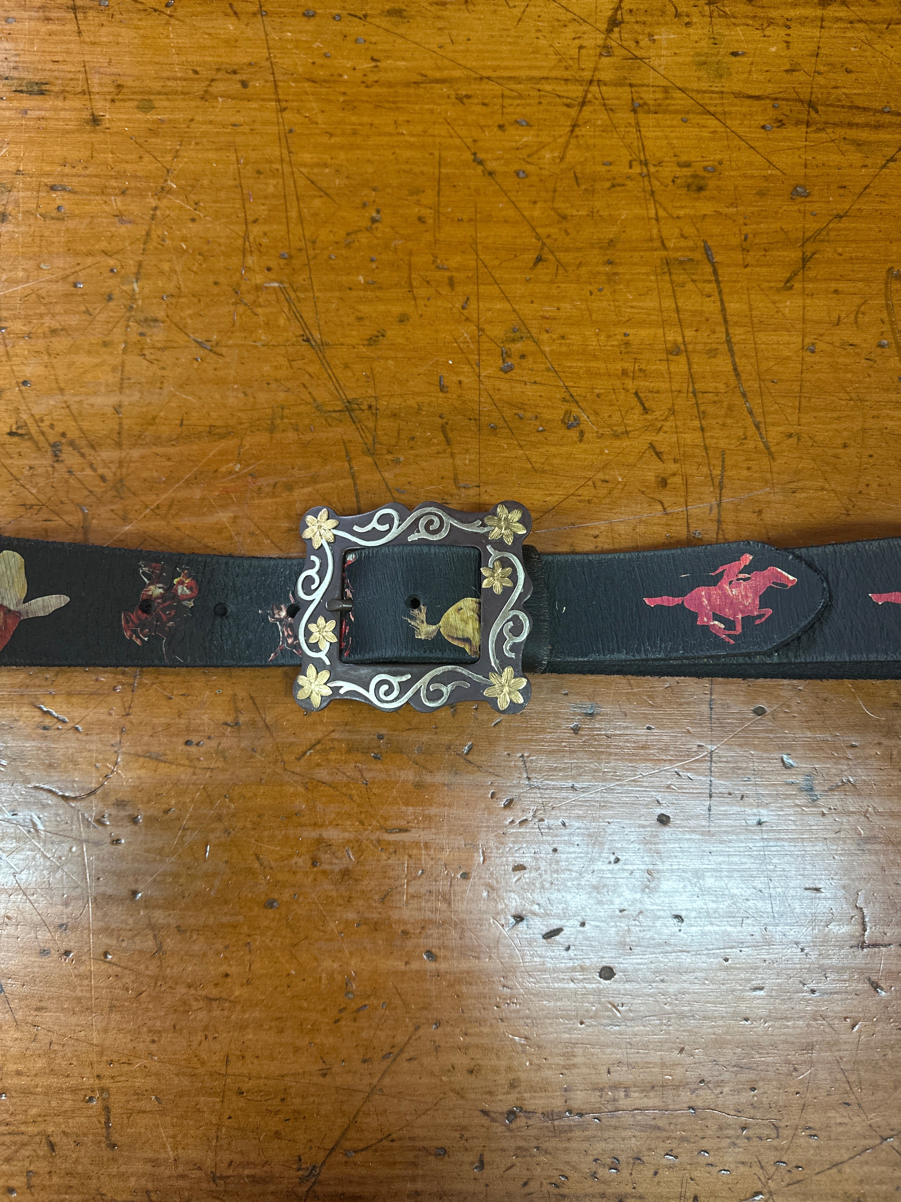 Vintage Leather Belt Black Retro Cowboy Brass Flower