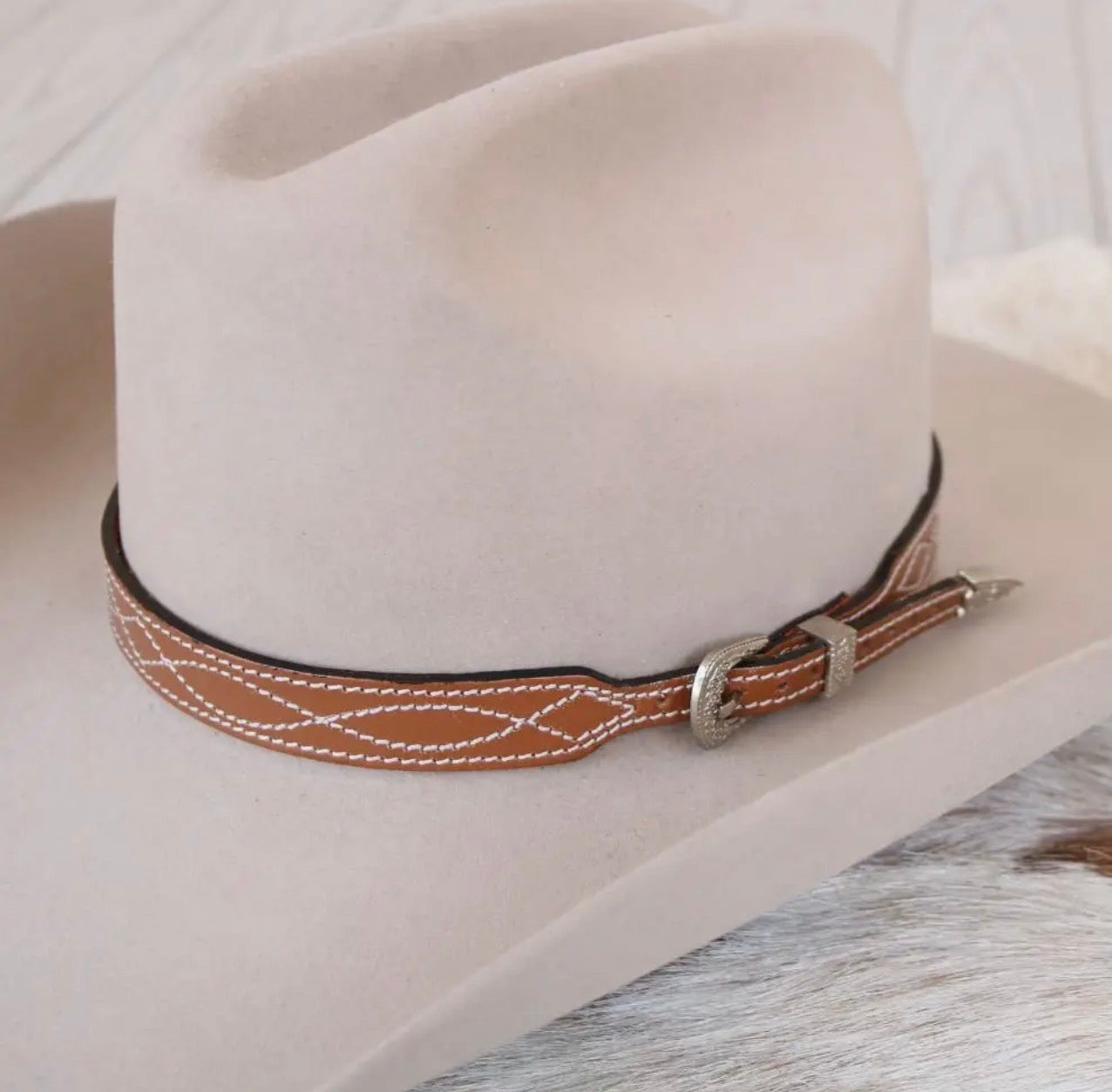 Tan Leather Boot Stitch Hat Band