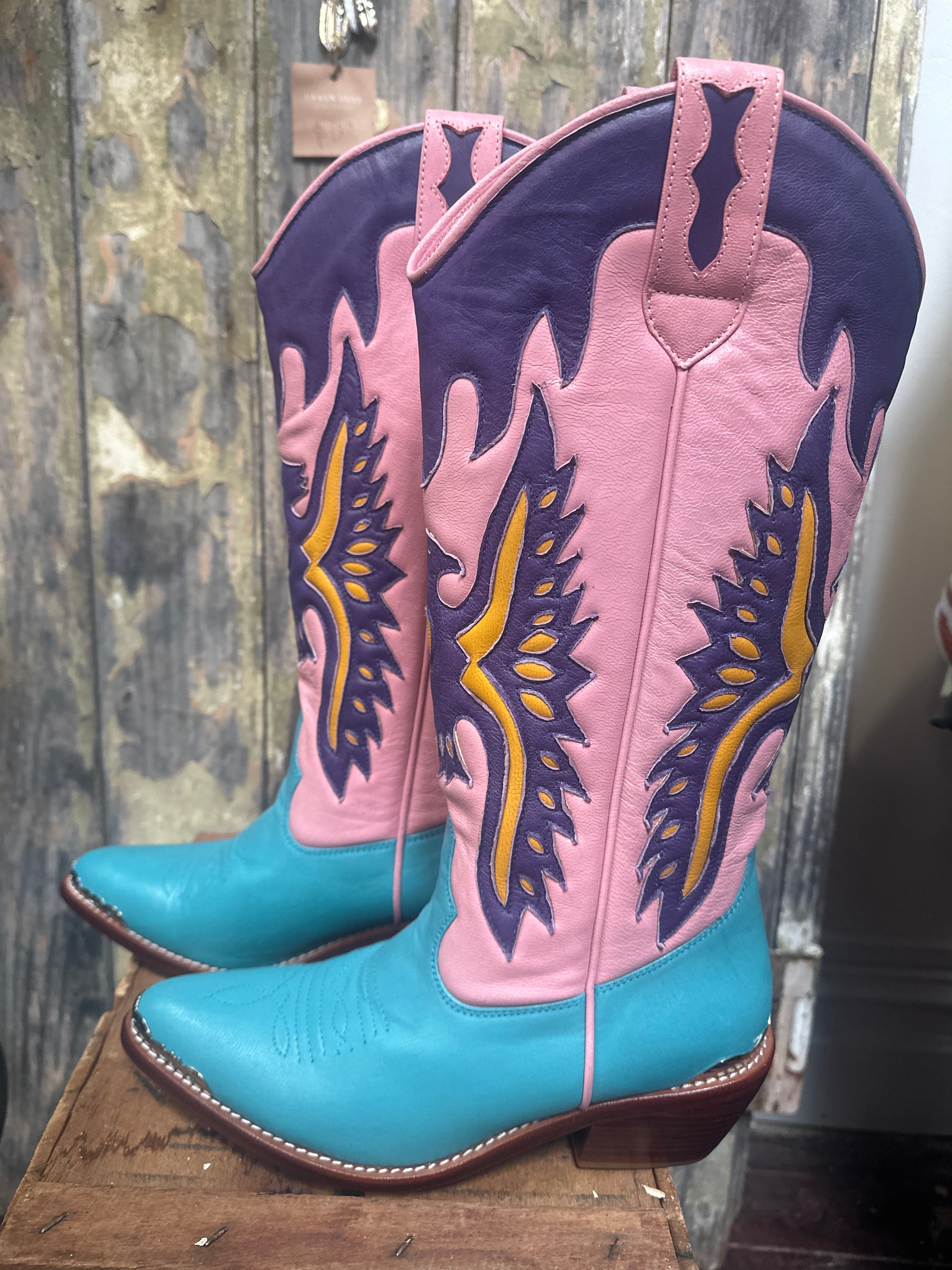 Eagle Detail Hand Made Pink Purple Turquoise Cowgirl Boots