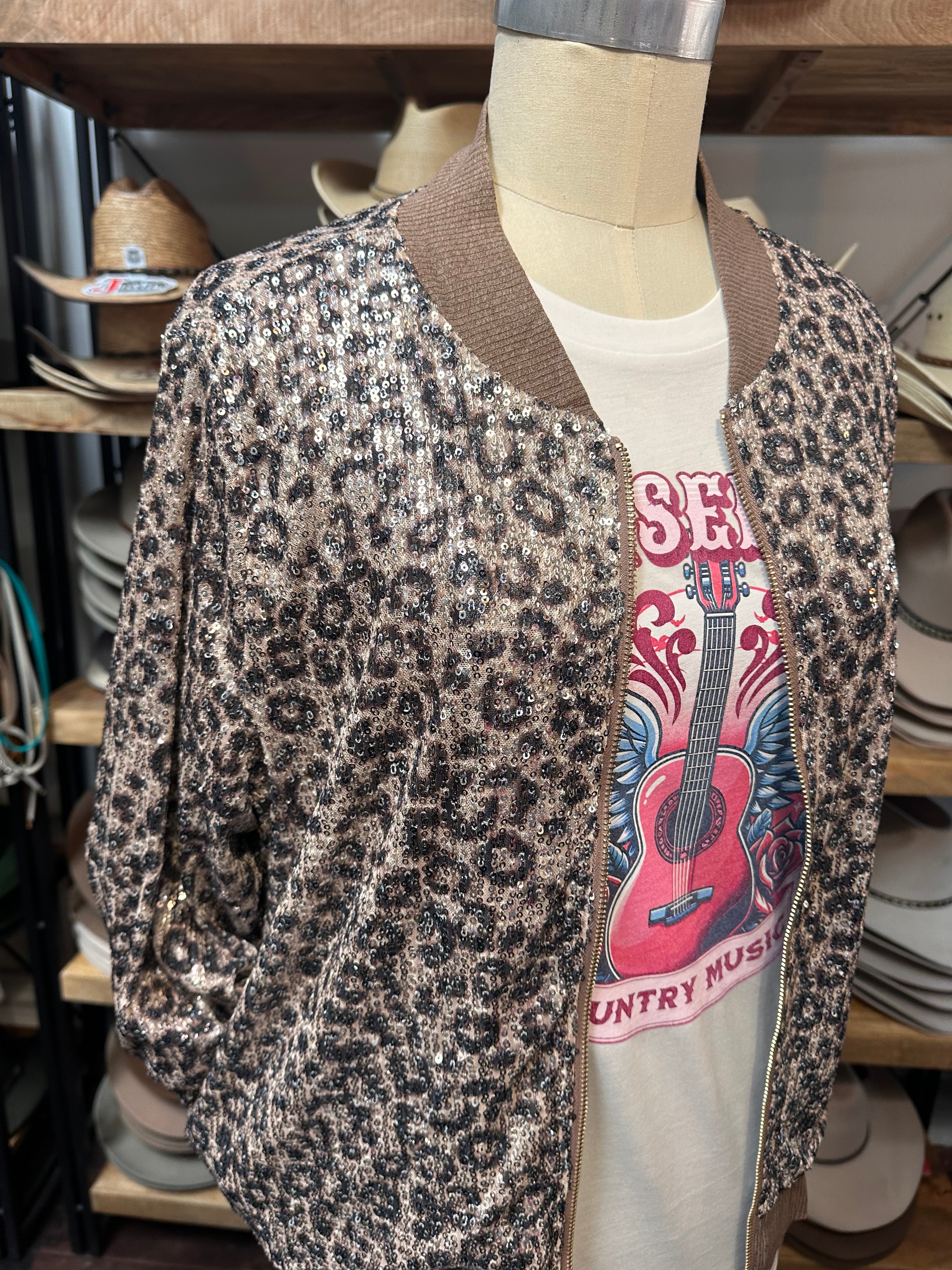 Dakota Sequin Leopard Print Bomber Jacket