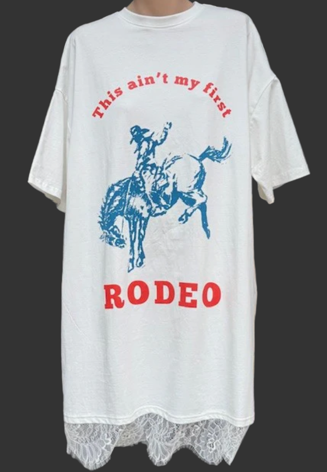 White t-shirt with red and blue graphic and text on a plain background